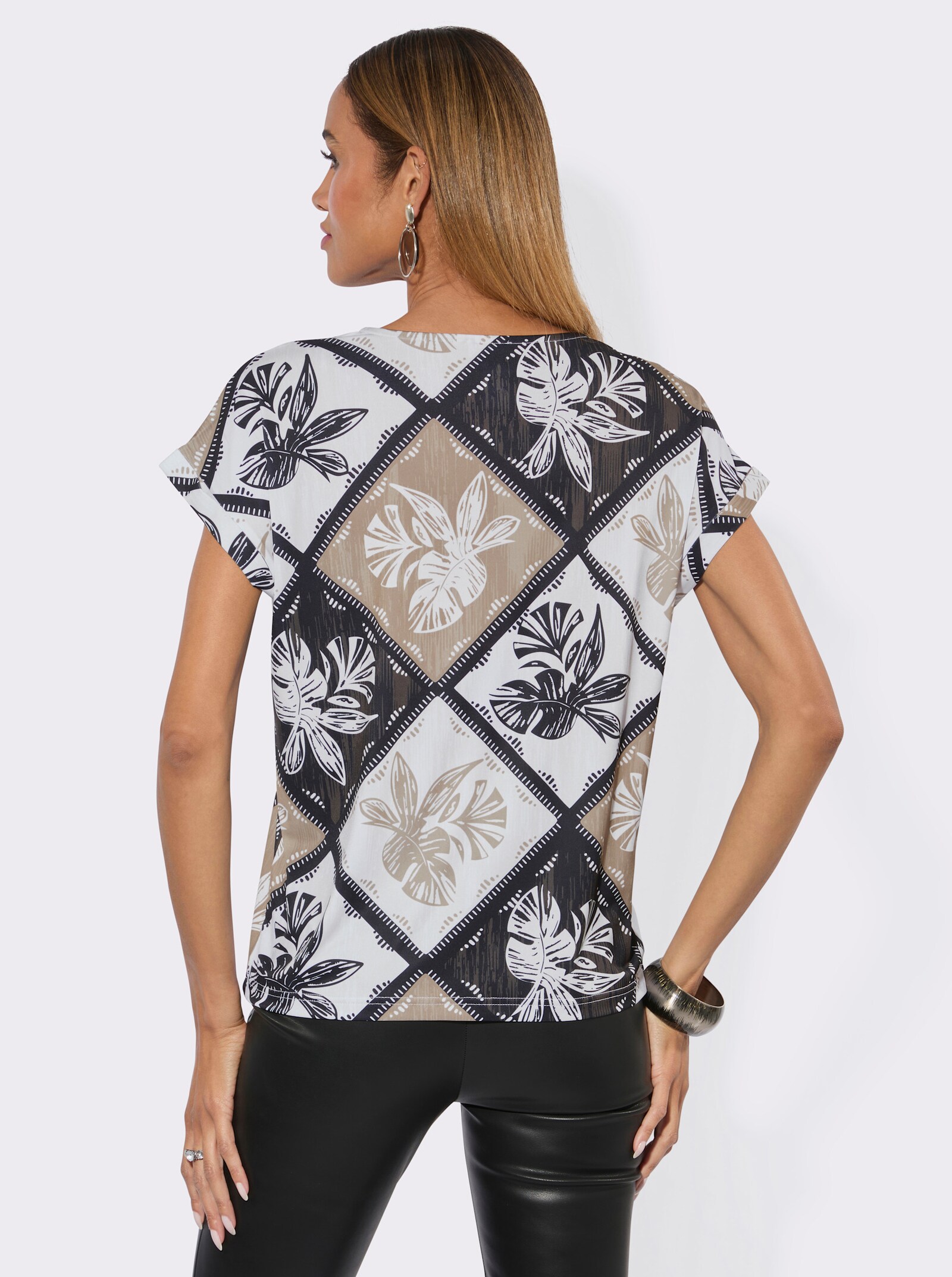 Rundhalsshirt aus glänzendem Jersey - ecru-sesam-bedruckt
