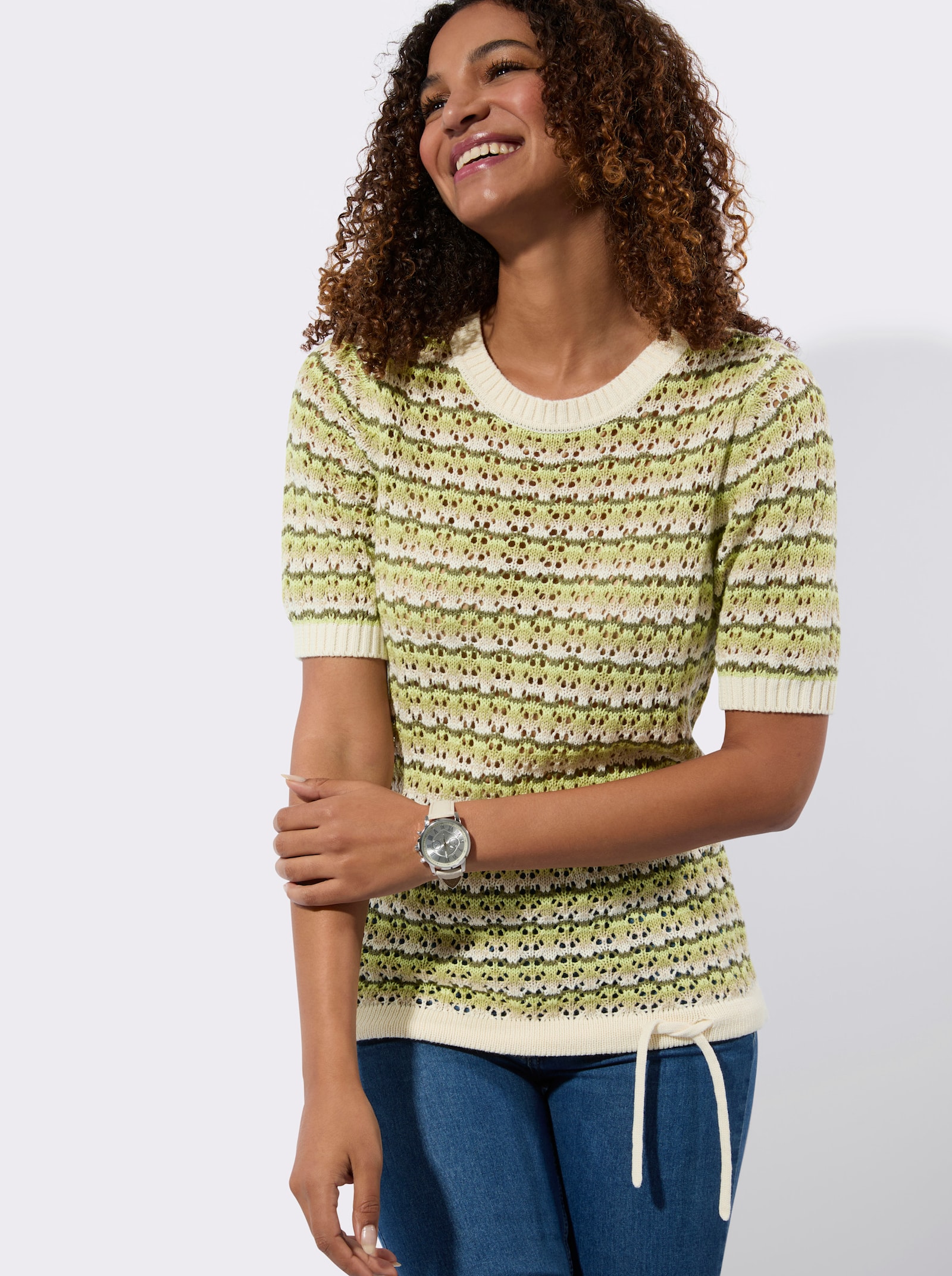 Pulóver, ažúr, viazačka na leme - Lipovozelená-šampanská