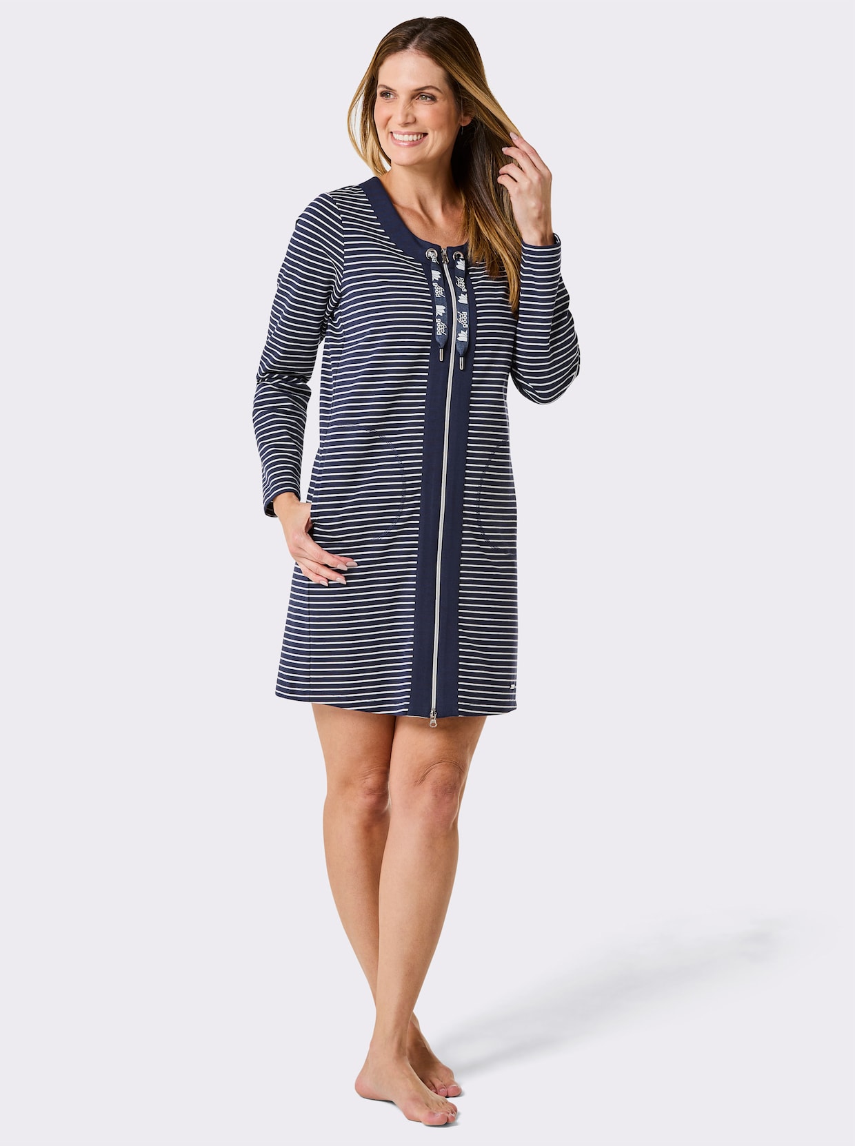 feel good lange jas - marine/wit gestreept