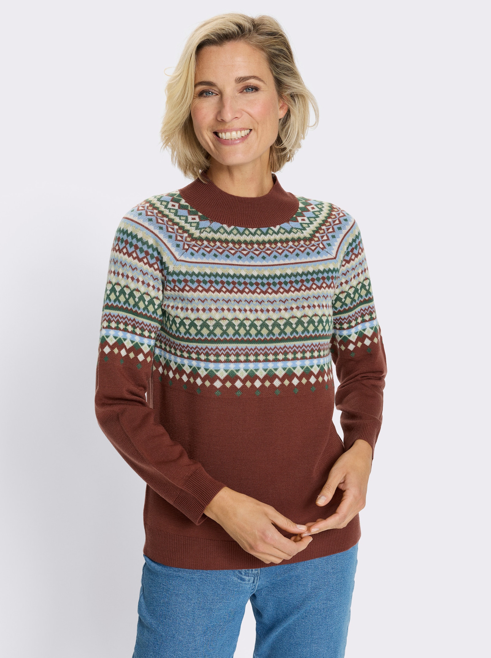 Norwegerpullover mit Raglan-Ärmeln - rotbraun-himmelblau-gemustert