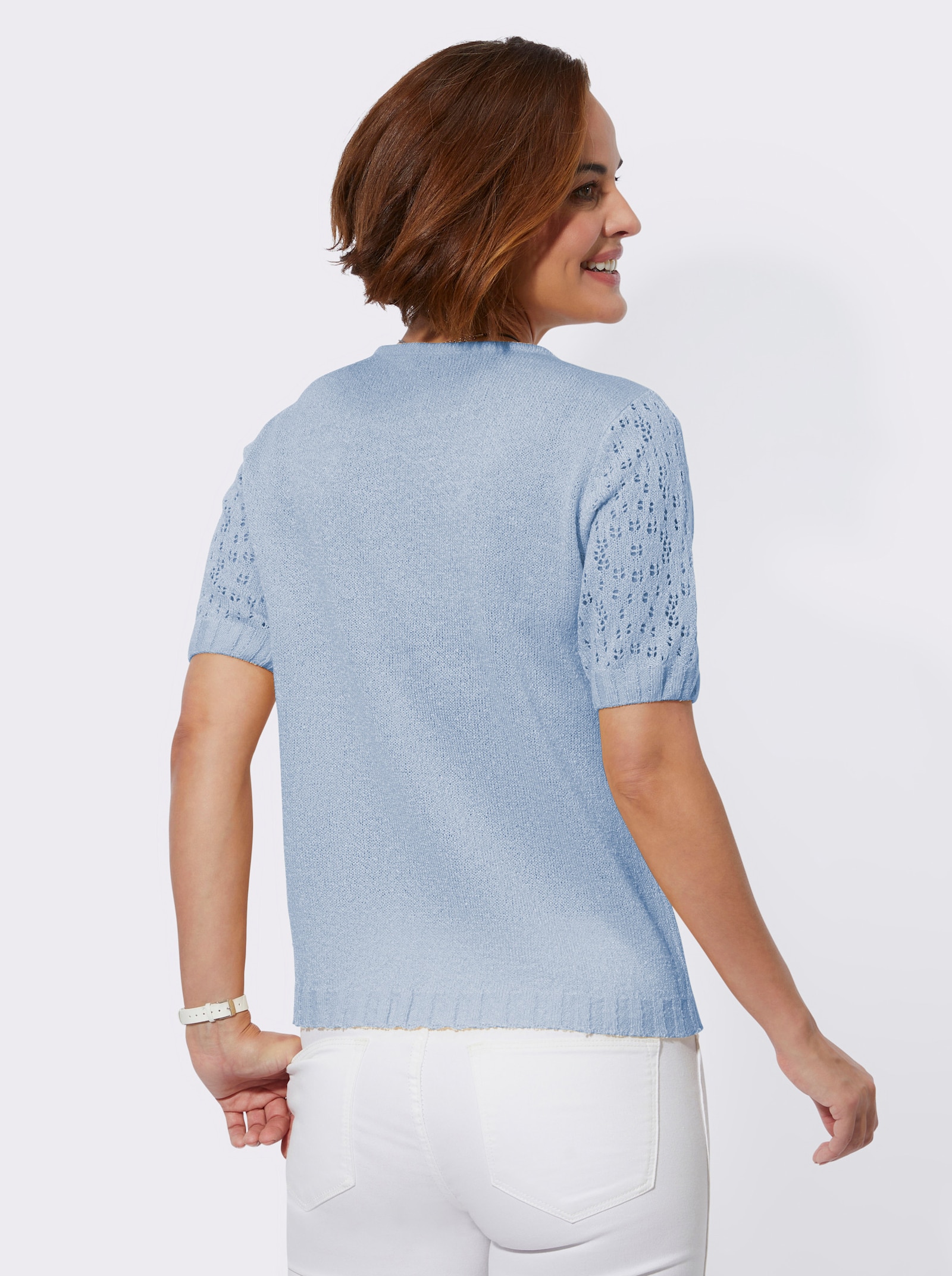 Svetr z příze buklé s rukávy s ažurovým vzorem - ledová modrá