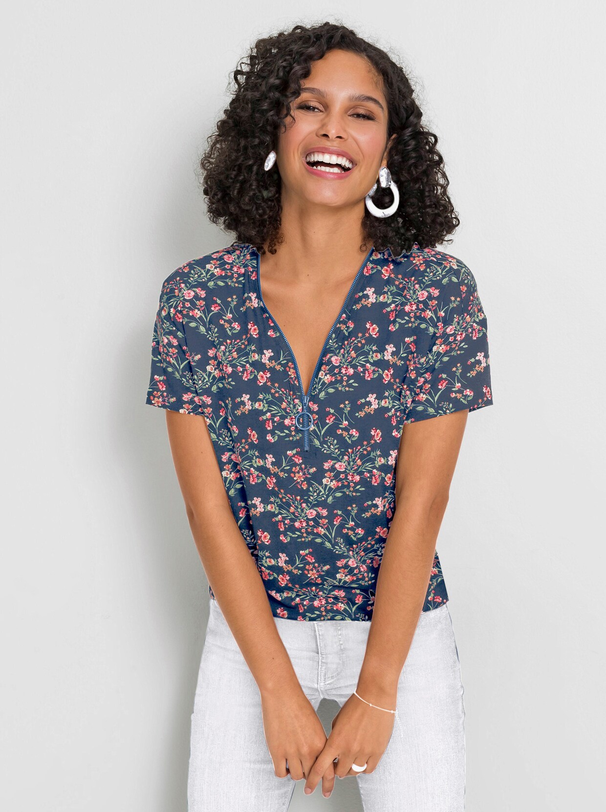 Kurzarmshirt mit Reissverschluss am Ausschnitt - jeansblau-hellrosé-gemustert