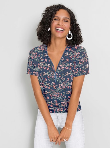 Kurzarmshirt mit Reissverschluss am Ausschnitt - jeansblau-hellrosé-gemustert