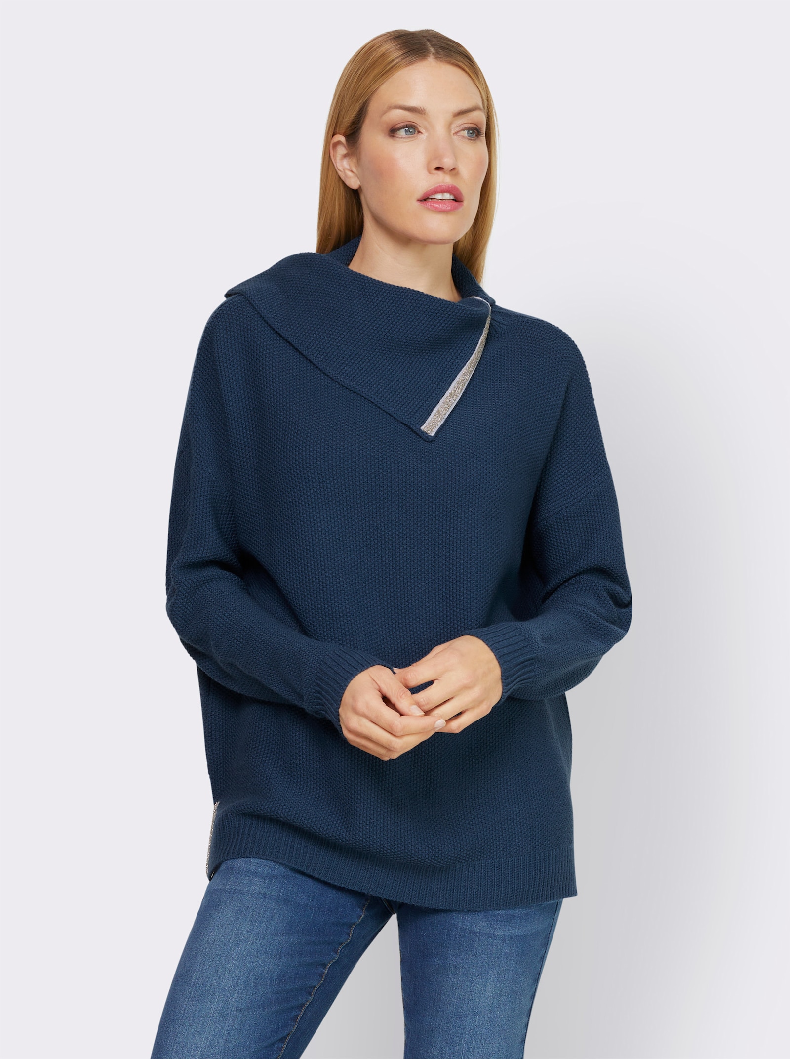 heine Langarm-Pullover mit Glitzersteinchen-Applikation - dunkelblau