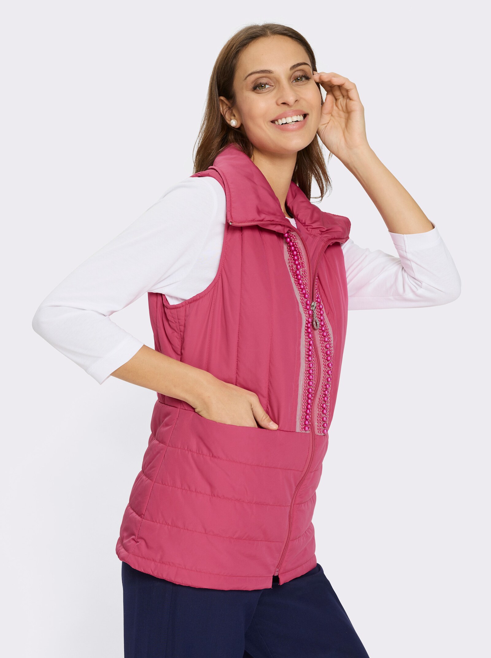 Steppweste mit Zierperlen am Reißverschluss - fuchsia
