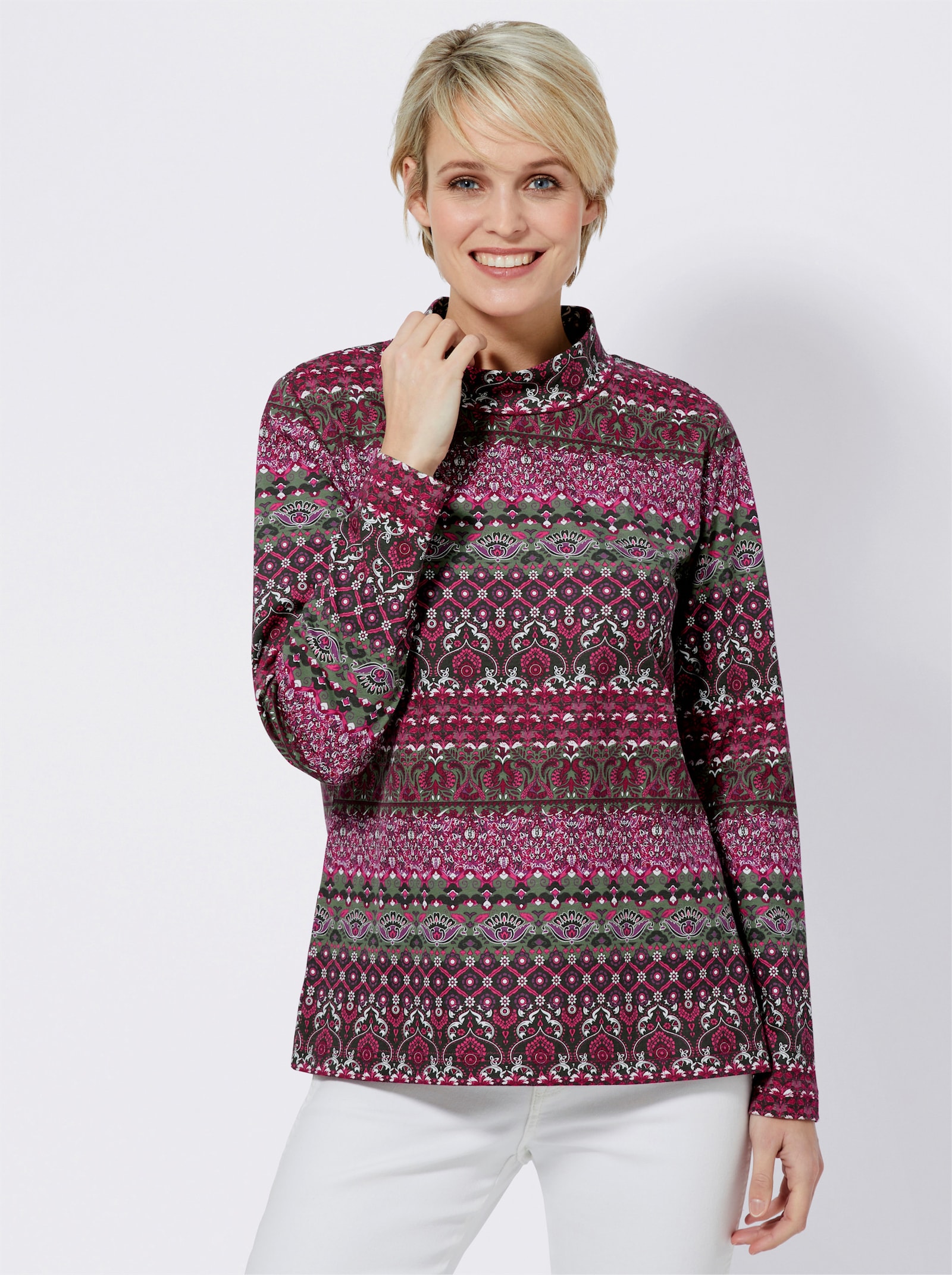 Langarmshirt mit Stehkragen - schilf-altrosé-bedruckt