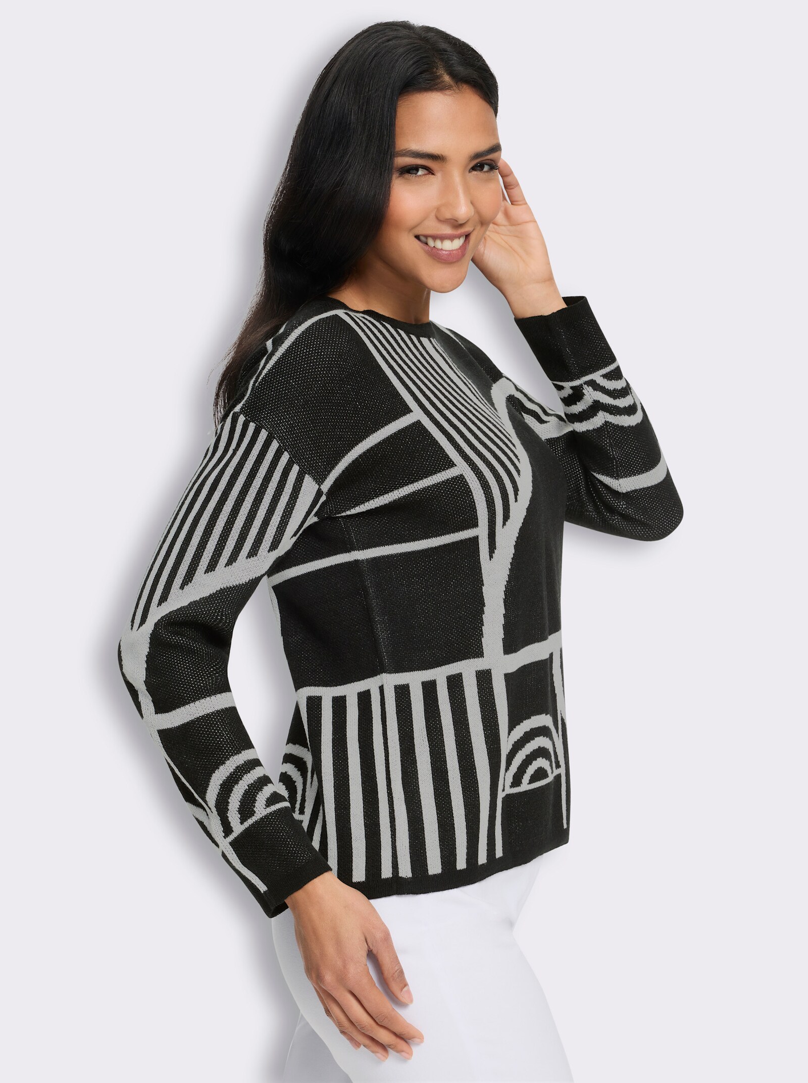  Jacquardpullover mit überschnittenen Schultern - schwarz-ecru-gemustert