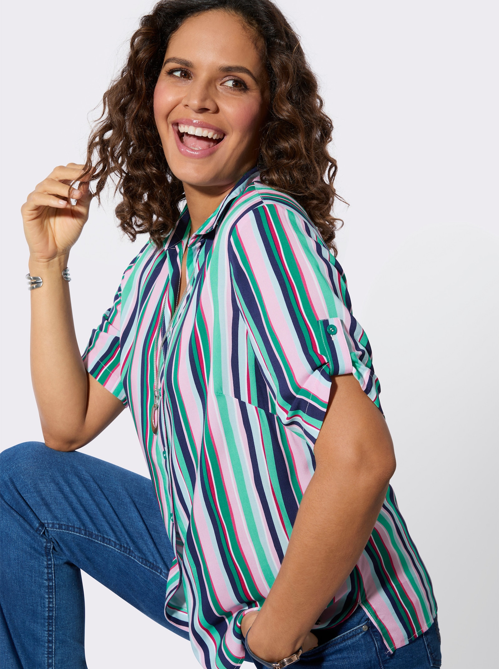 Gestreifte Bluse aus hochwertiger Viskose - smaragd-rosé-gestreift