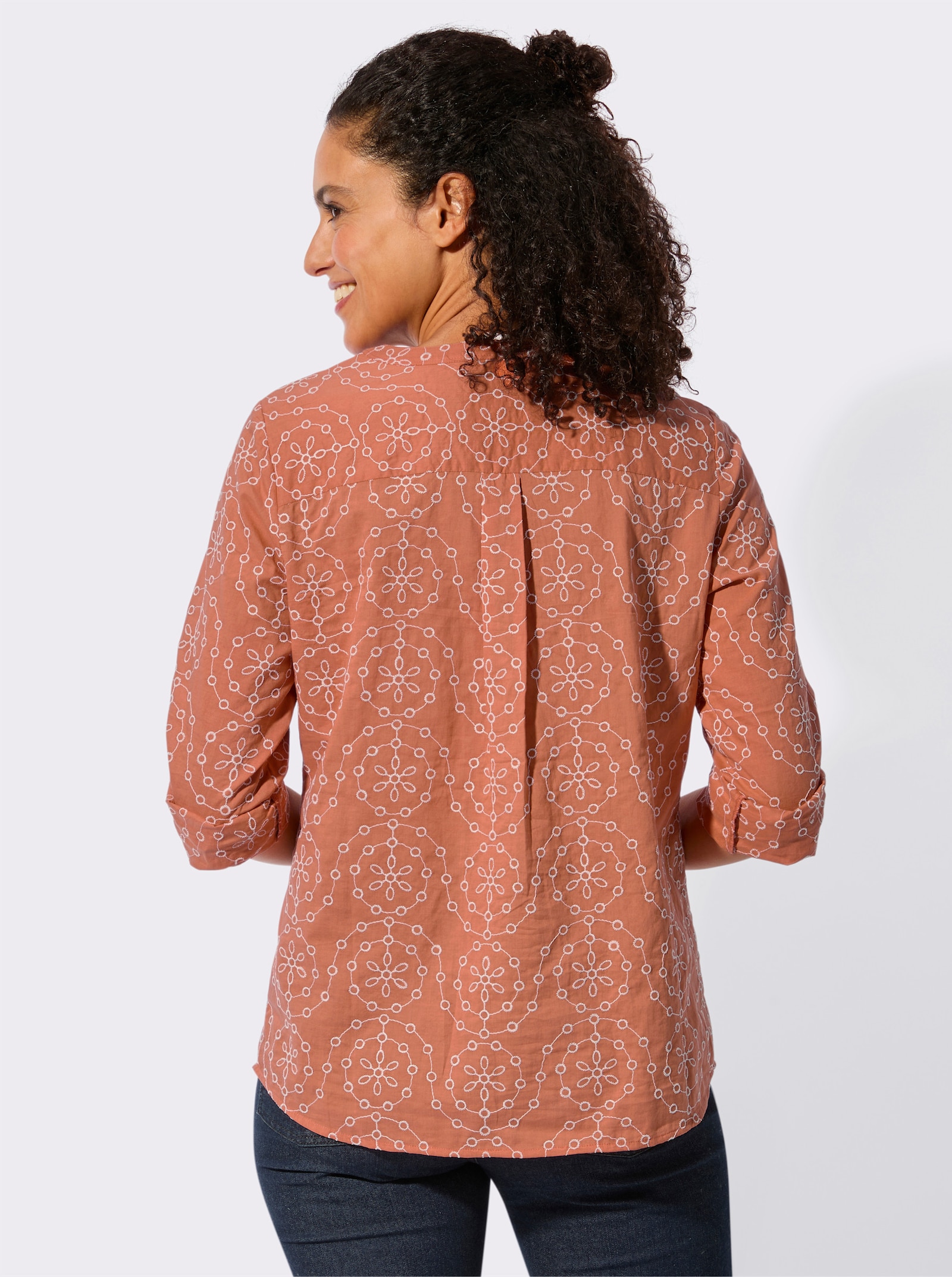Baumwollbluse mit Stickerei rundum - papaya-ecru