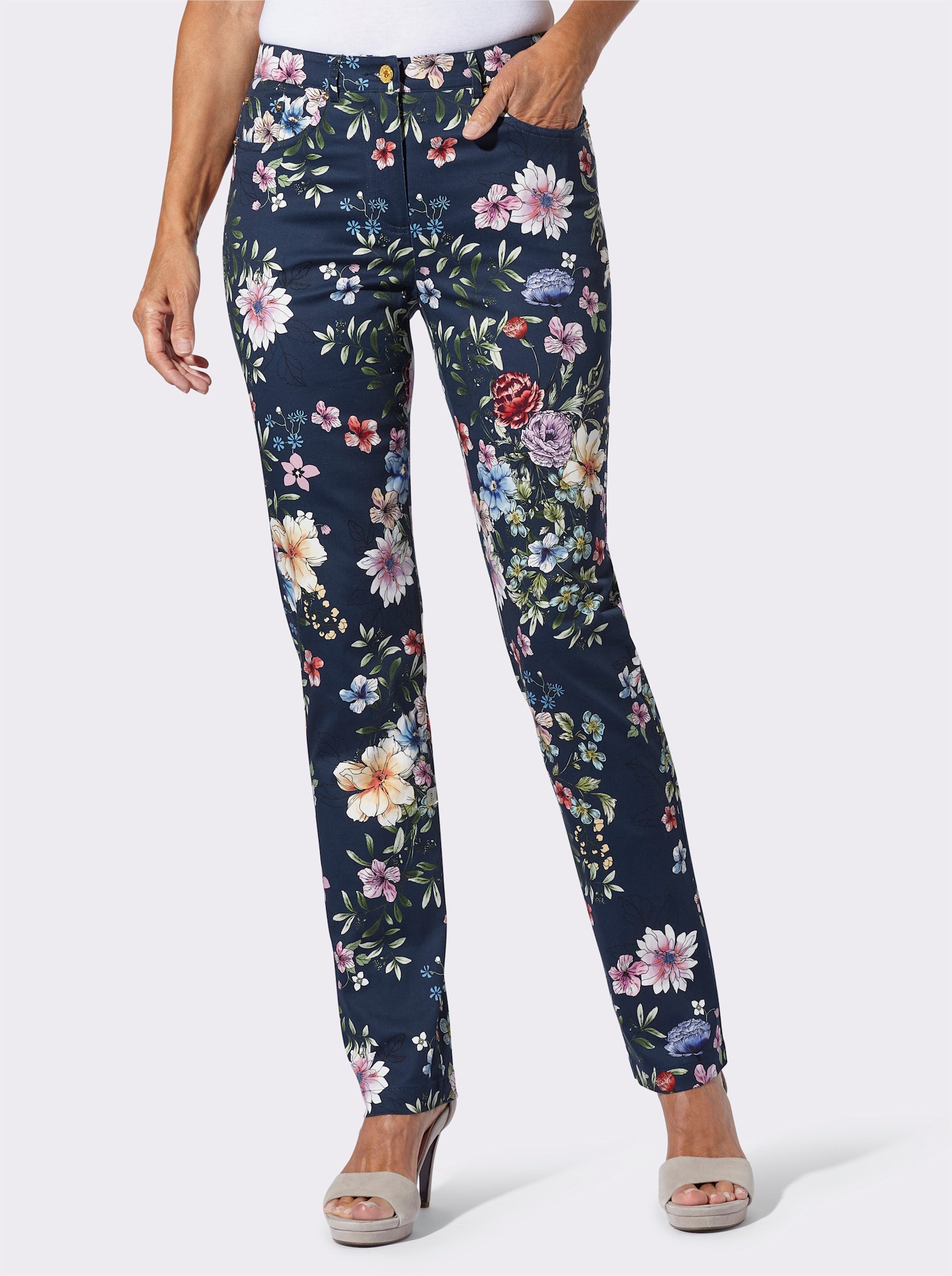 Broek met print en elastan - donkerblauw/orchidee bedrukt