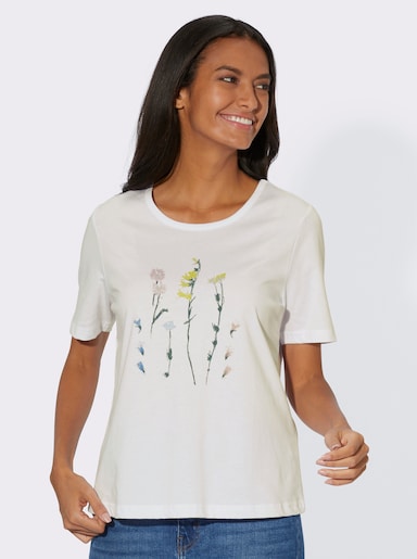 Rundhalsshirt mit platziertem Blumen-Motiv - weiß