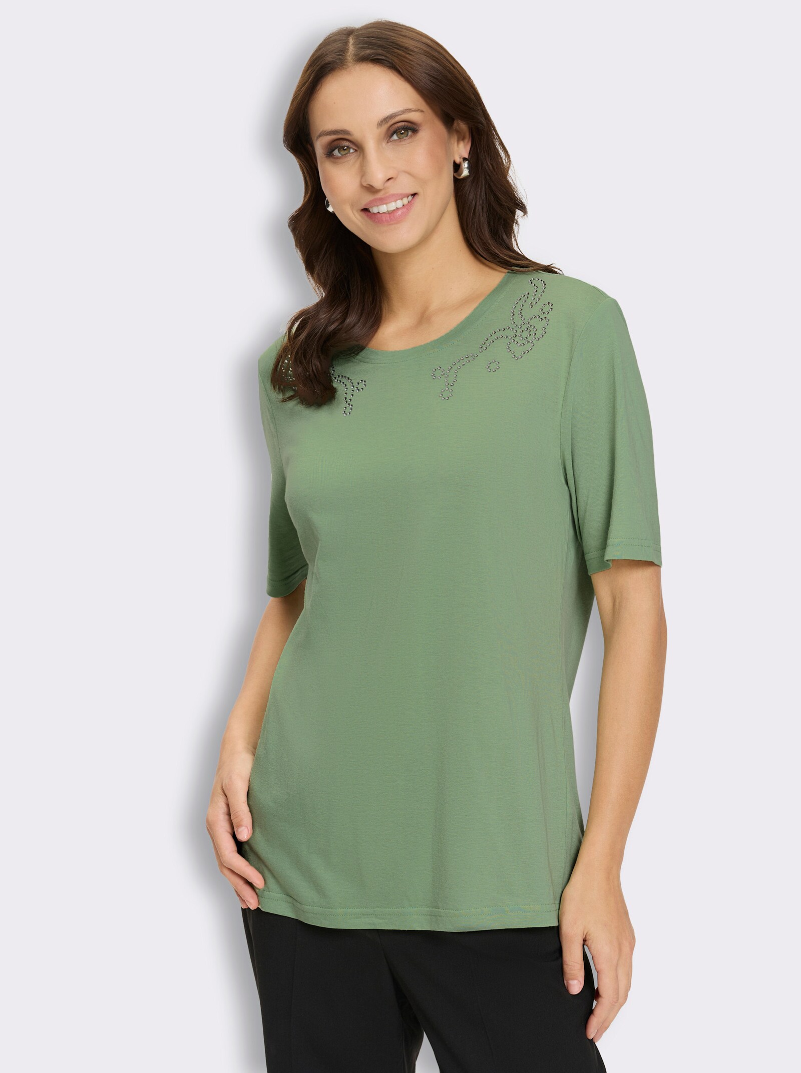 Kurzarmshirt mit Glitzersteinchen - eucalyptus