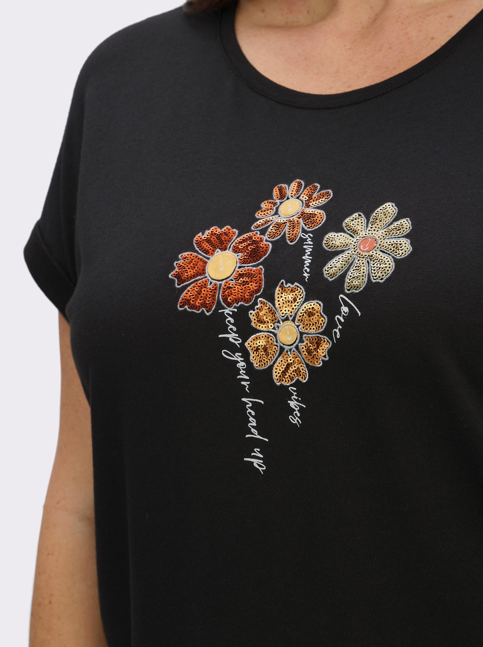 Rundhalsshirt mit Pailletten-Blüten - schwarz