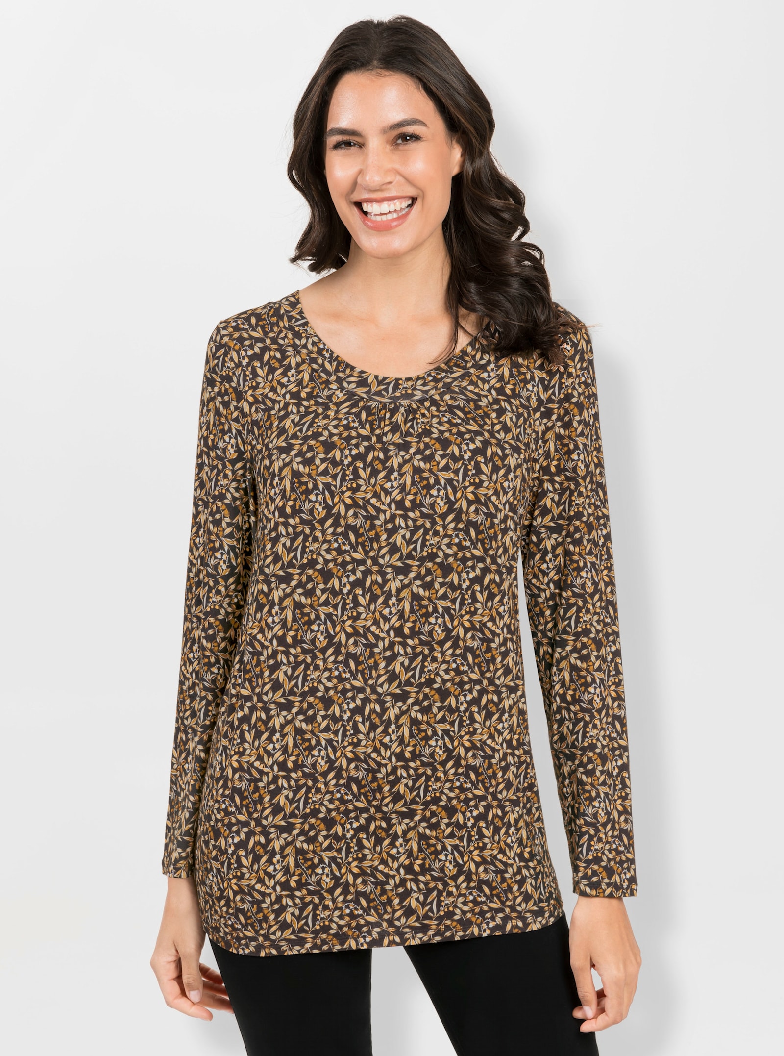 Tunikashirt mit Raffung am Ausschnitt - graphit-ocker-bedruckt