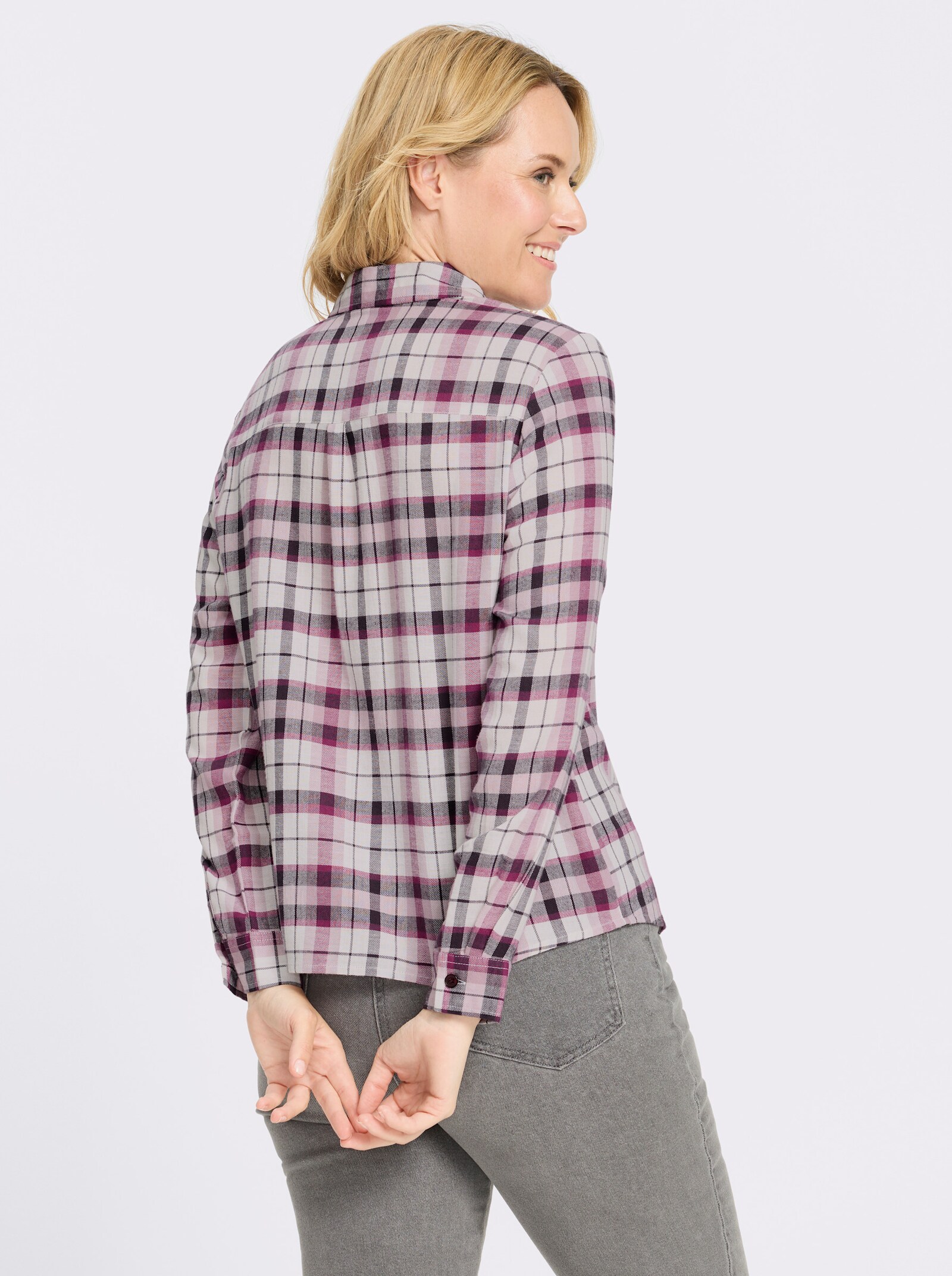 Flanellbluse aus reiner Baumwolle, Webkaro - ecru-aubergine-kariert