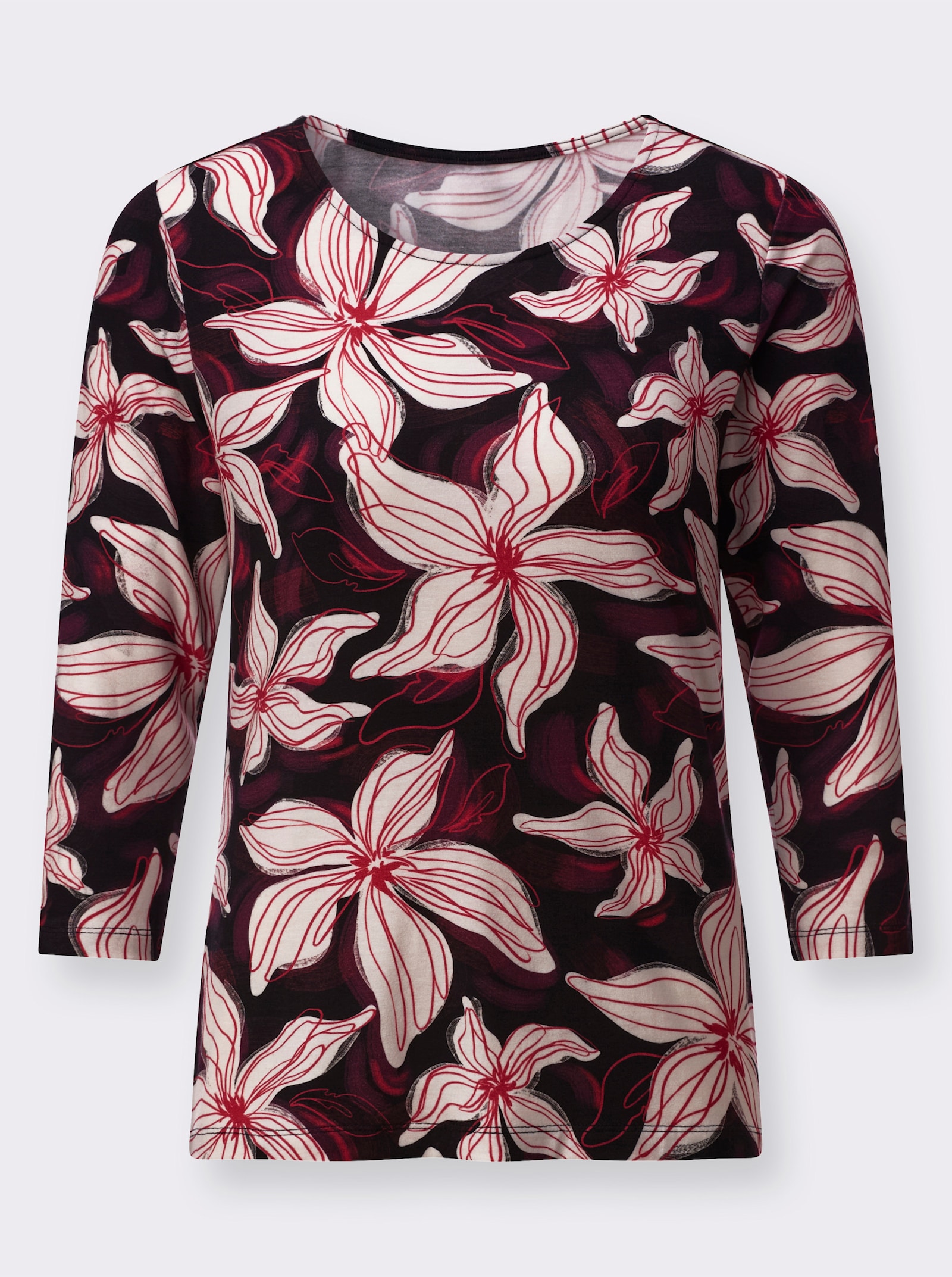 T-shirt à manches 3/4 au motif floral - noir-couleur ivoire imprimé