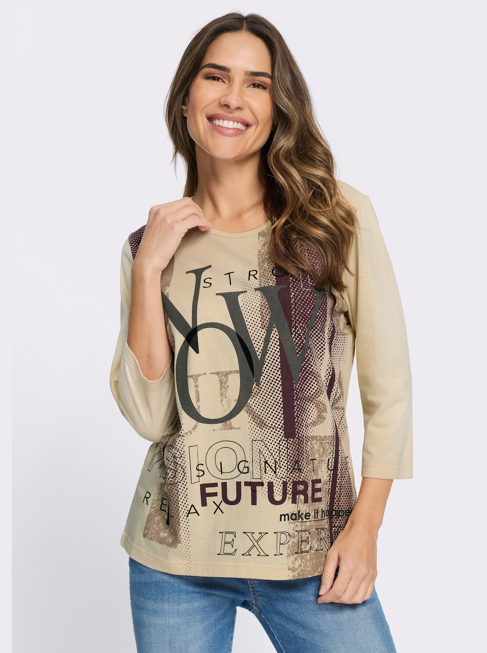 3/4-Arm-Shirt mit Lettering-Druck - sand-burgund-bedruckt
