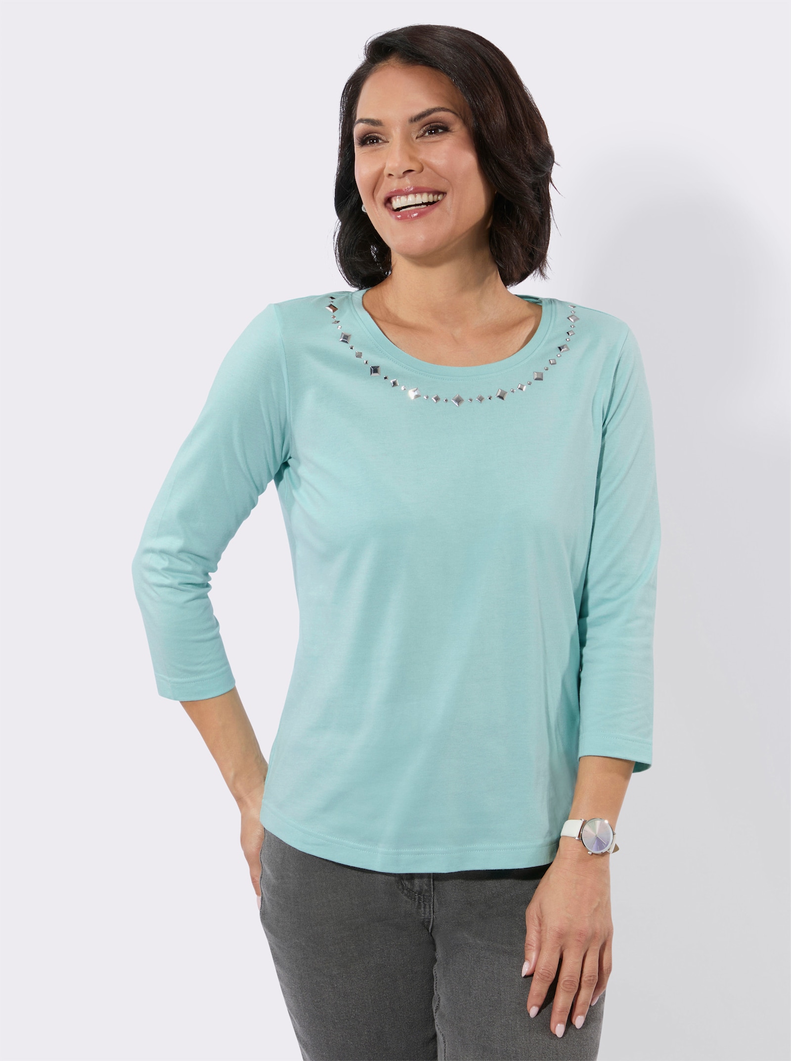 Rundhalsshirt mit Ziersteinchen - mint