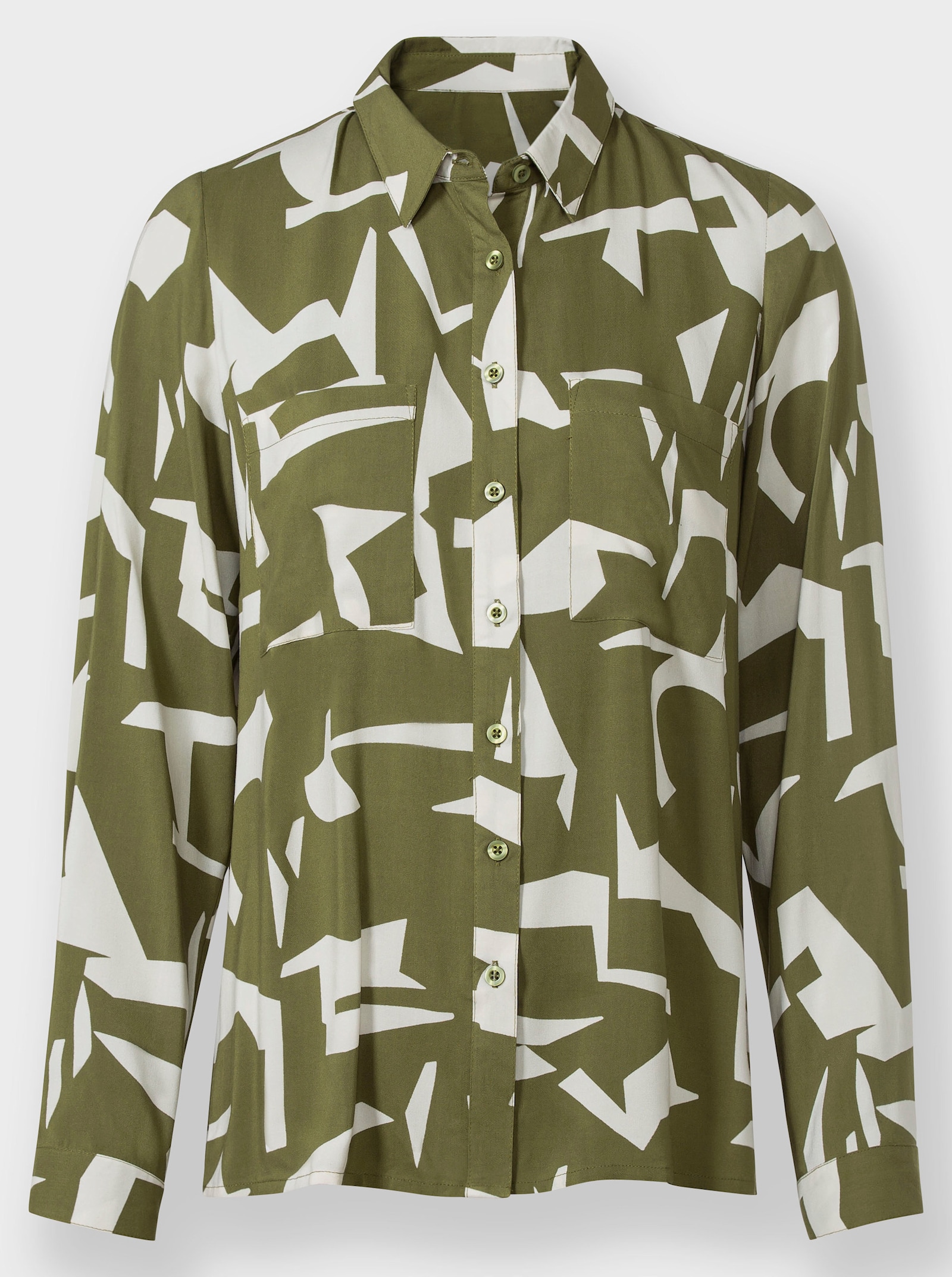 heine Langarm-Bluse mit grafischem Druck-Dessin - oliv-champagner-gemustert