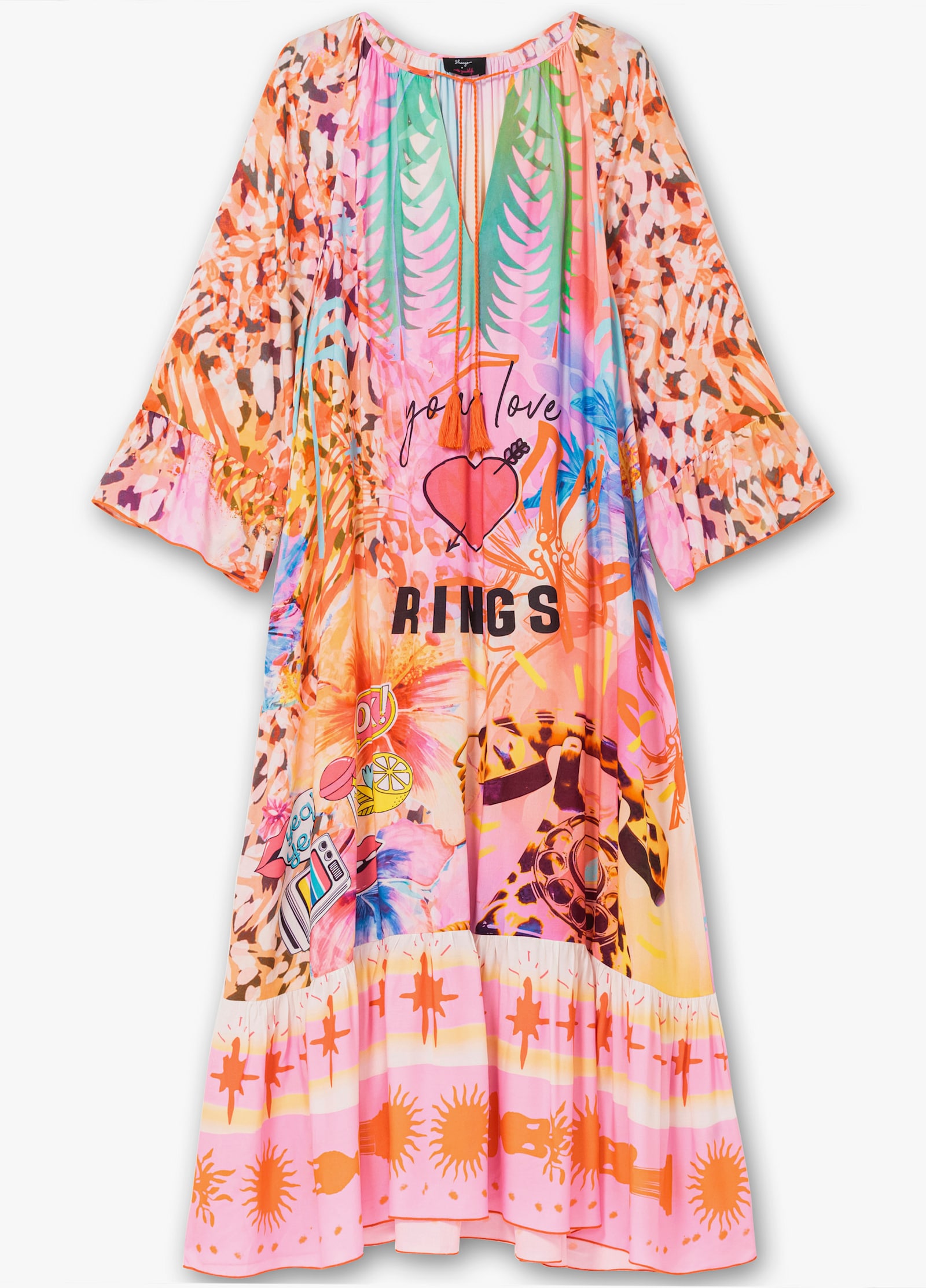 sheego loves miss goodlife Maxikleid im Mustermix, mit Volant am Saum - rotorange-gemustert