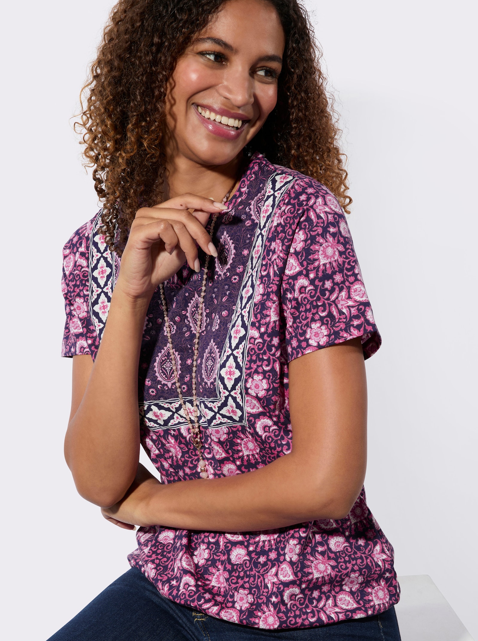 Shirt mit elastischem Saum - erika-marine-bedruckt