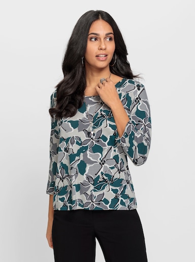 Print-Shirt in Viskose-Qualität - hellgrau-petrol-bedruckt