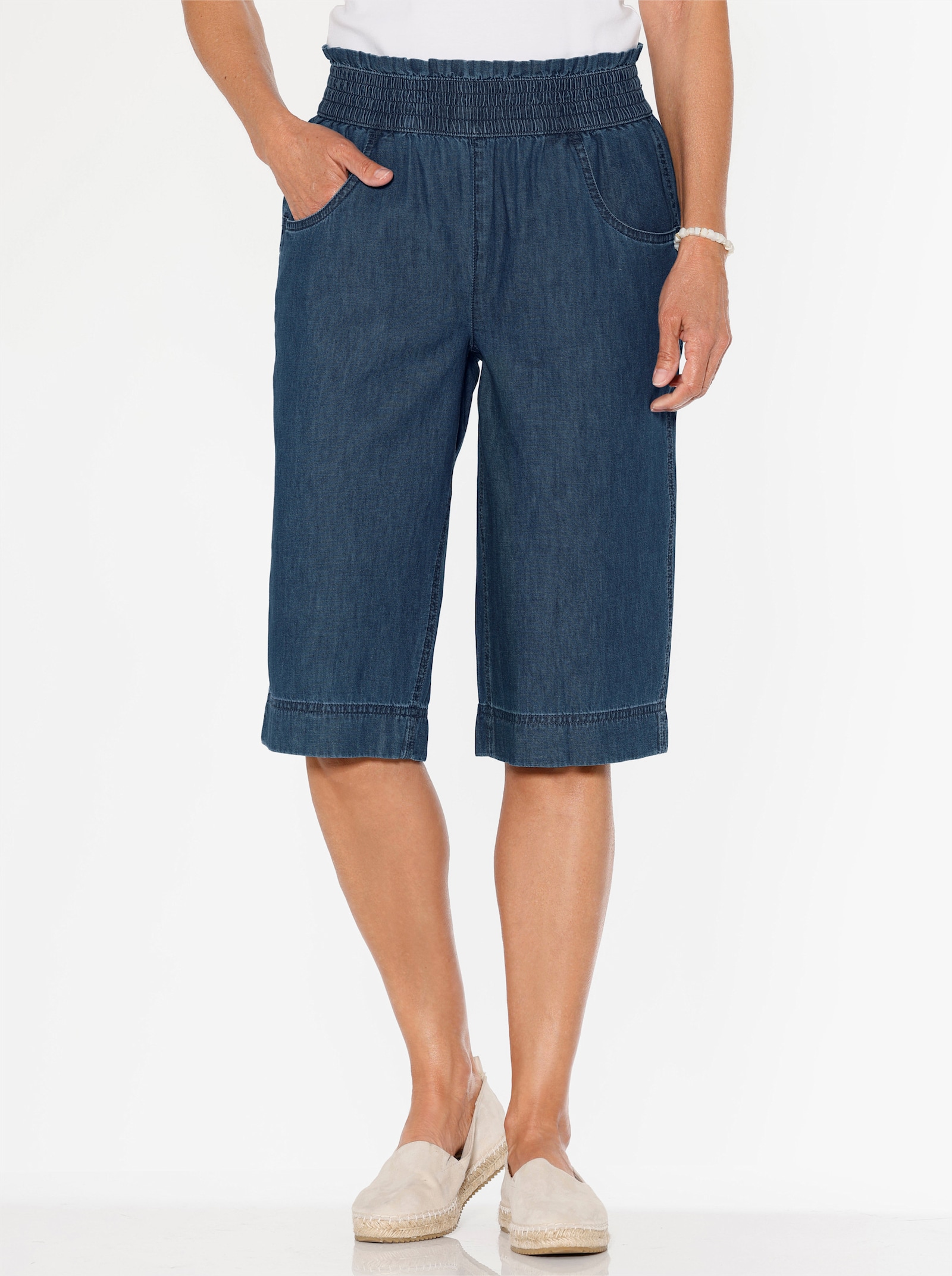 Jeansbermudas mit gesmoktem Dehnbund - blue-stone-washed