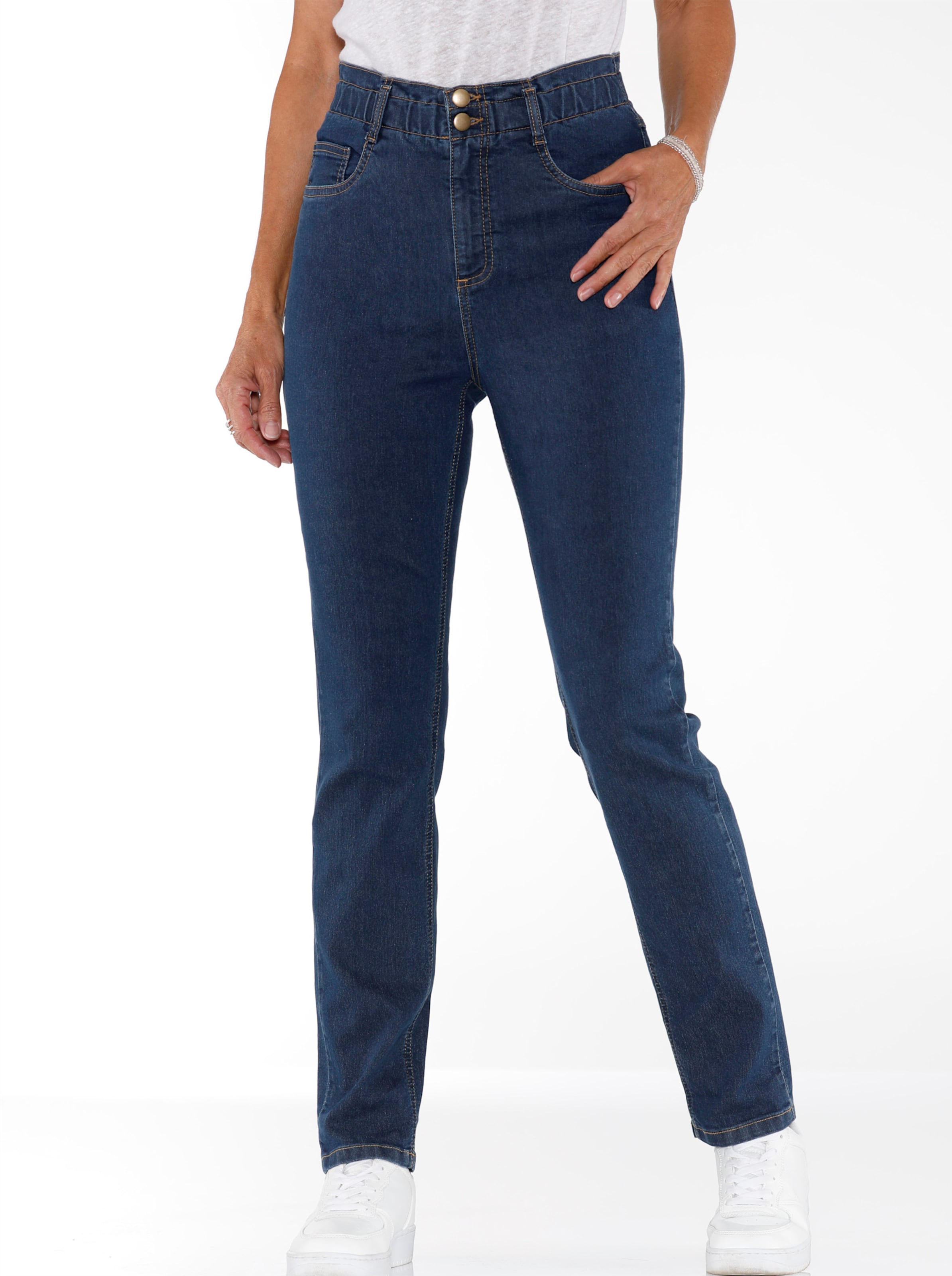 Witt Damen Jeans im aktuellen Paperbag-Schnitt, blue-stone-washed