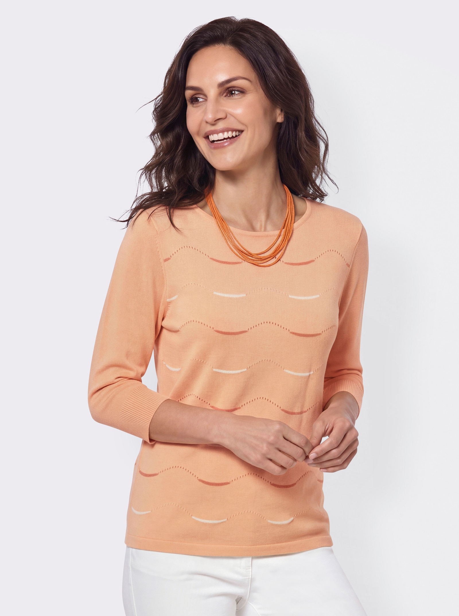 3/4-Arm-Pullover mit Wellenmuster - apricot-ecru