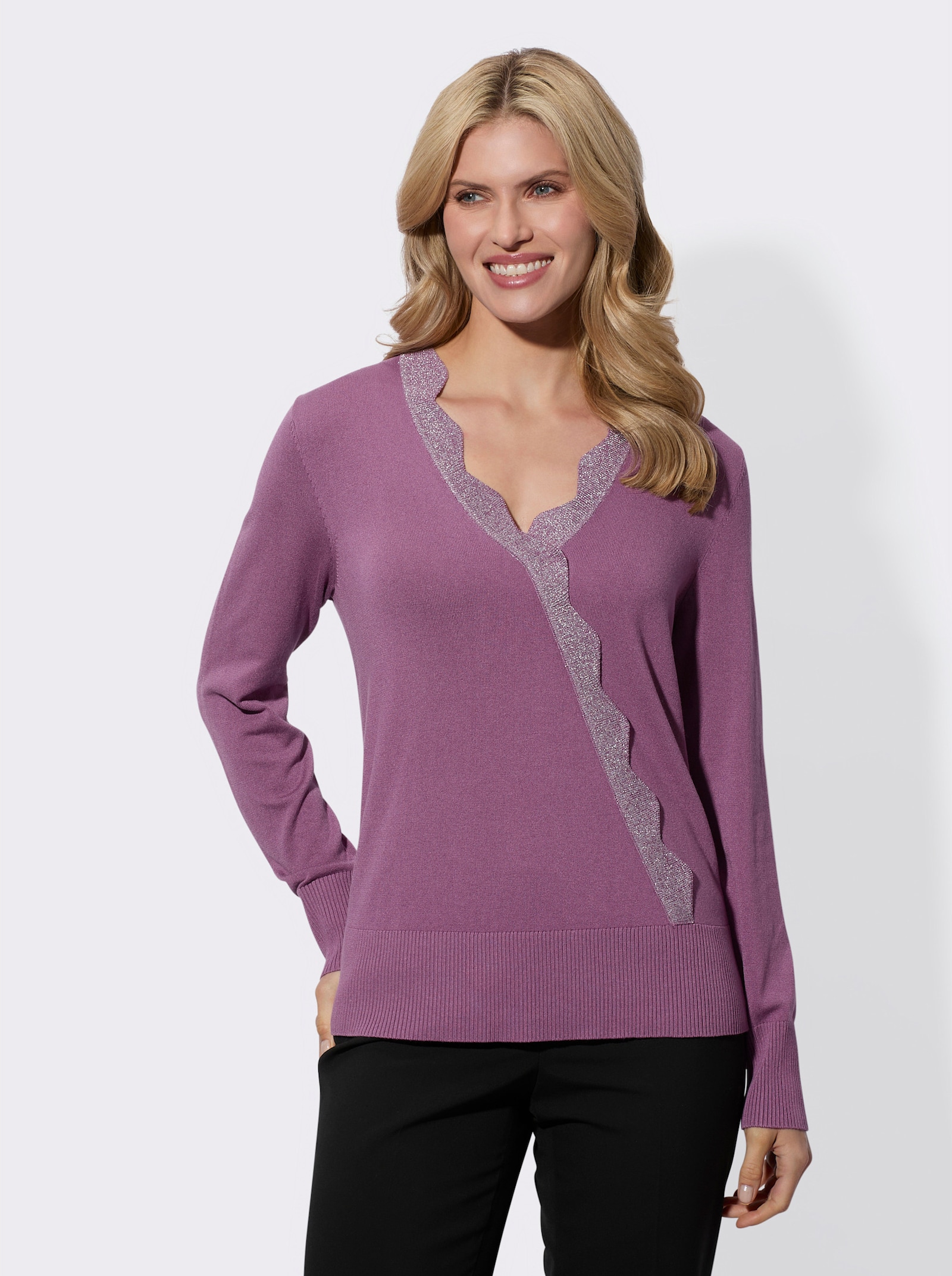 Langarm-Pullover mit Glanzgarn-Effekten - violett