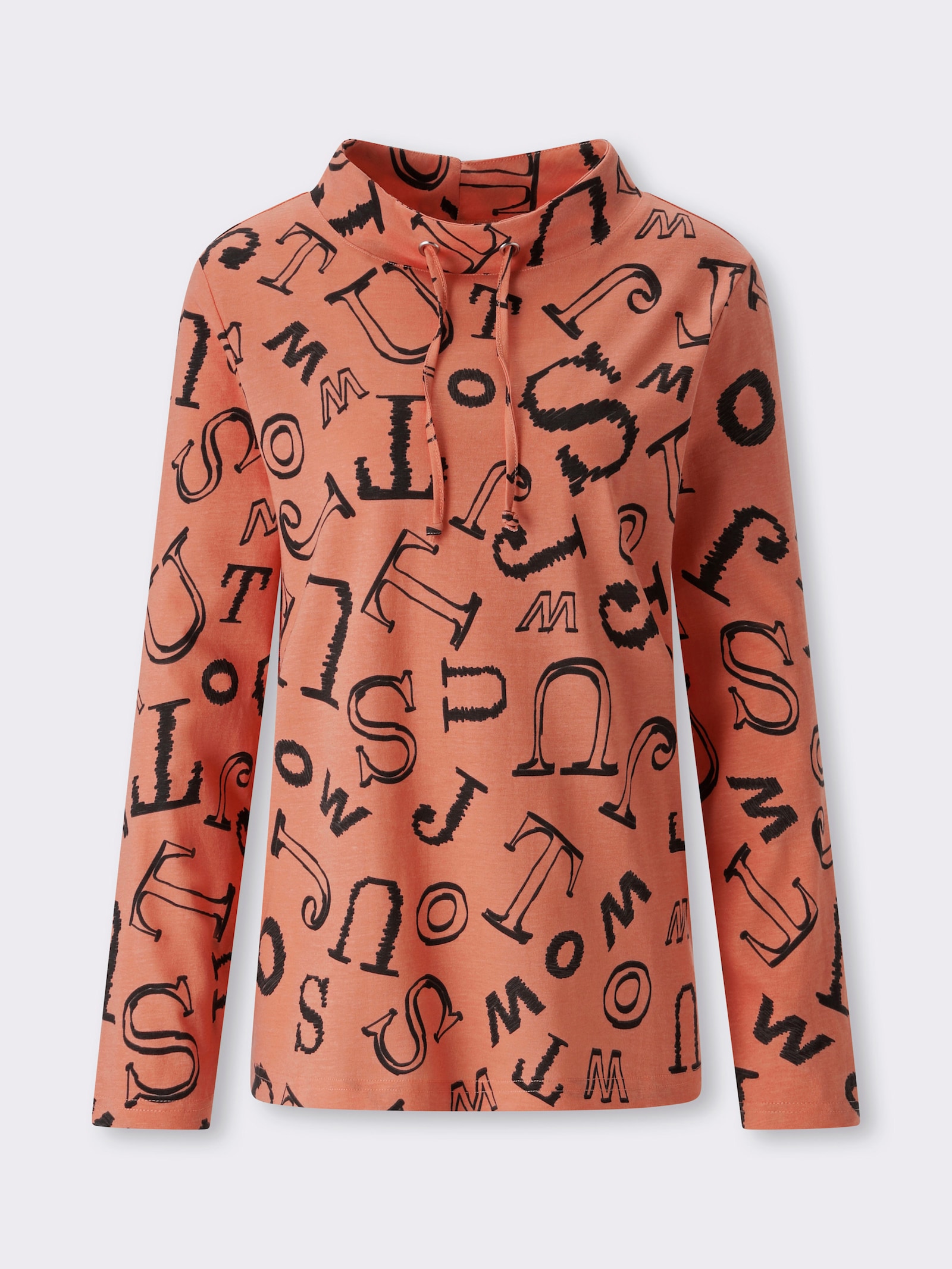 Stehkragenshirt mit Lettering-Print - papaya-schwarz-bedruckt