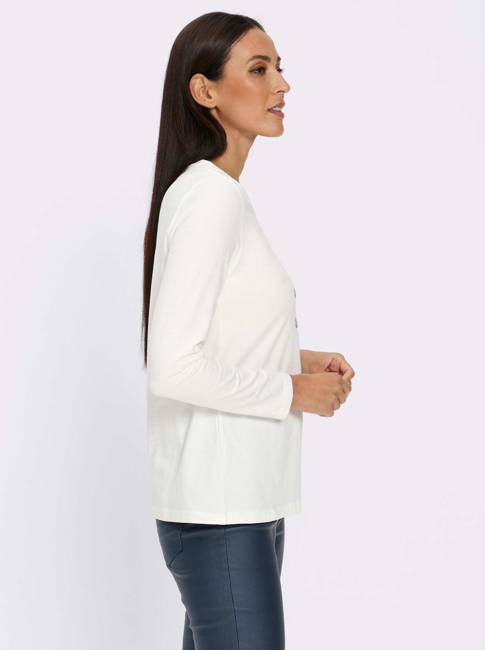 heine Langarmshirt Mit Ziersteinchen - ecru-mittelblau-gemustert