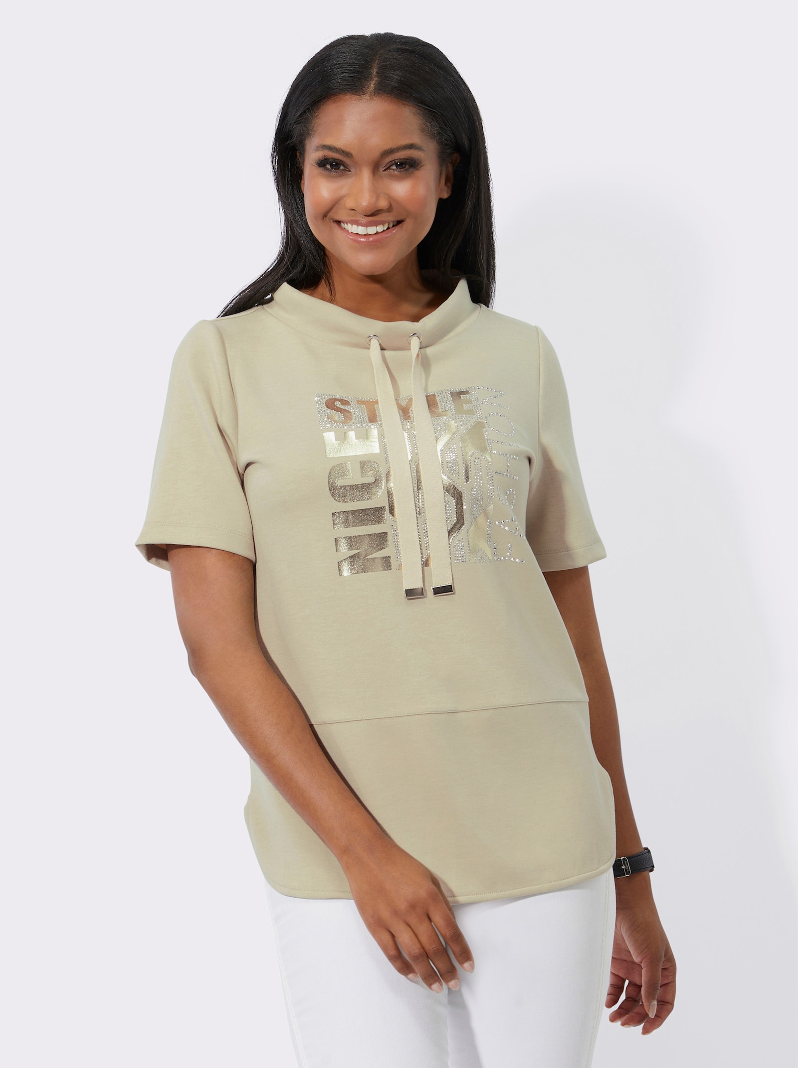 Shirt met korte mouwen en opstaande kraag - zand