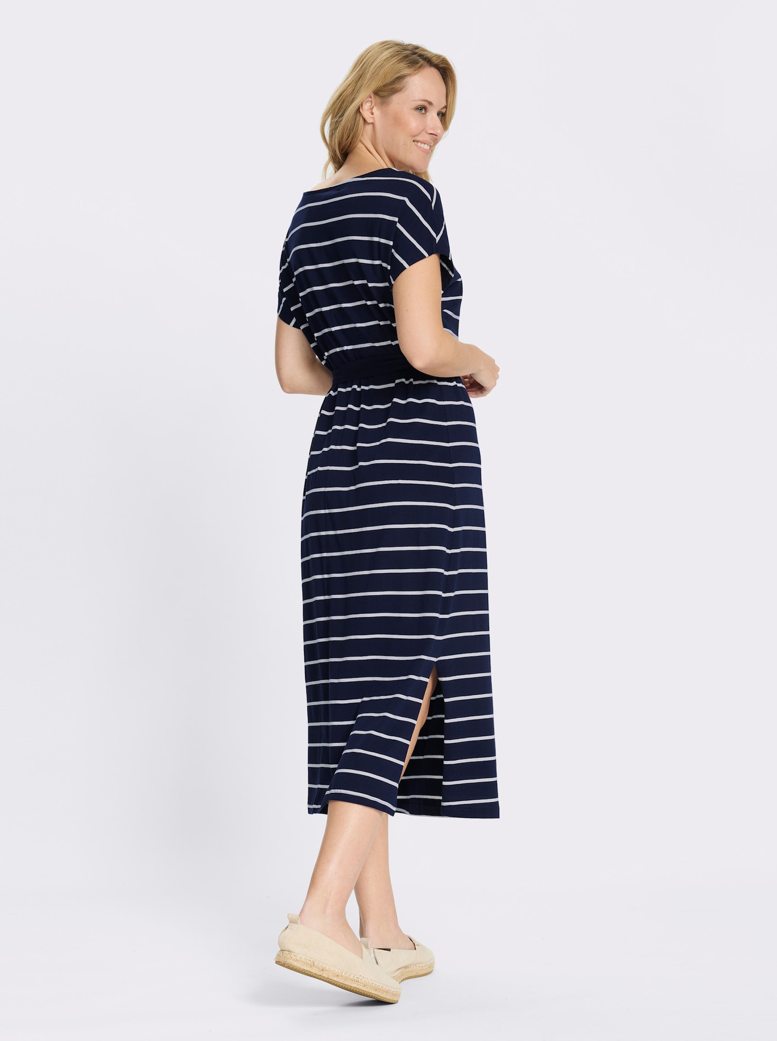 Jerseykleid mit U-Boot-Ausschnitt - marine-weiß-geringelt