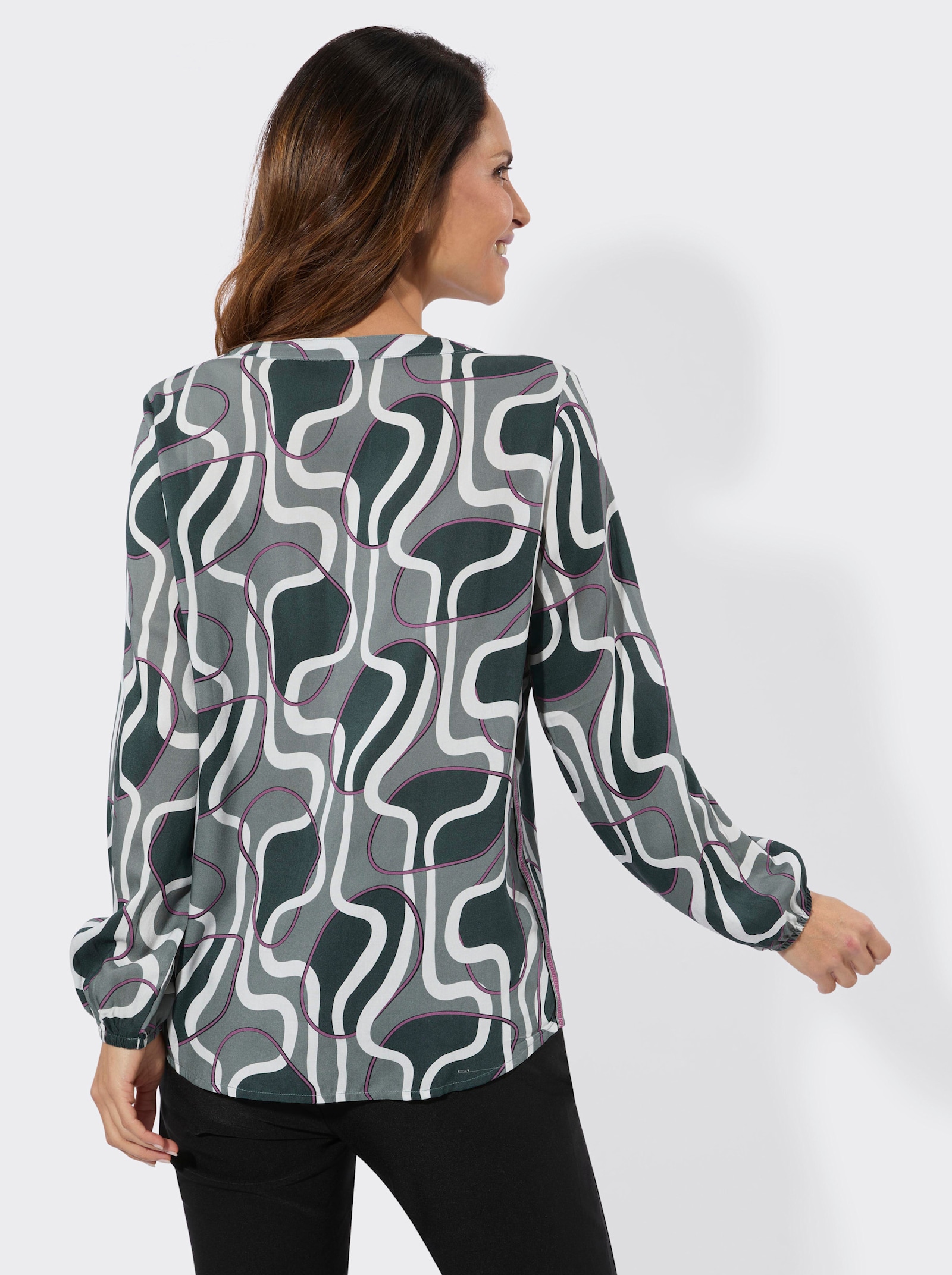 Schlupf-Bluse mit Zierbändern - petrol-erika-bedruckt