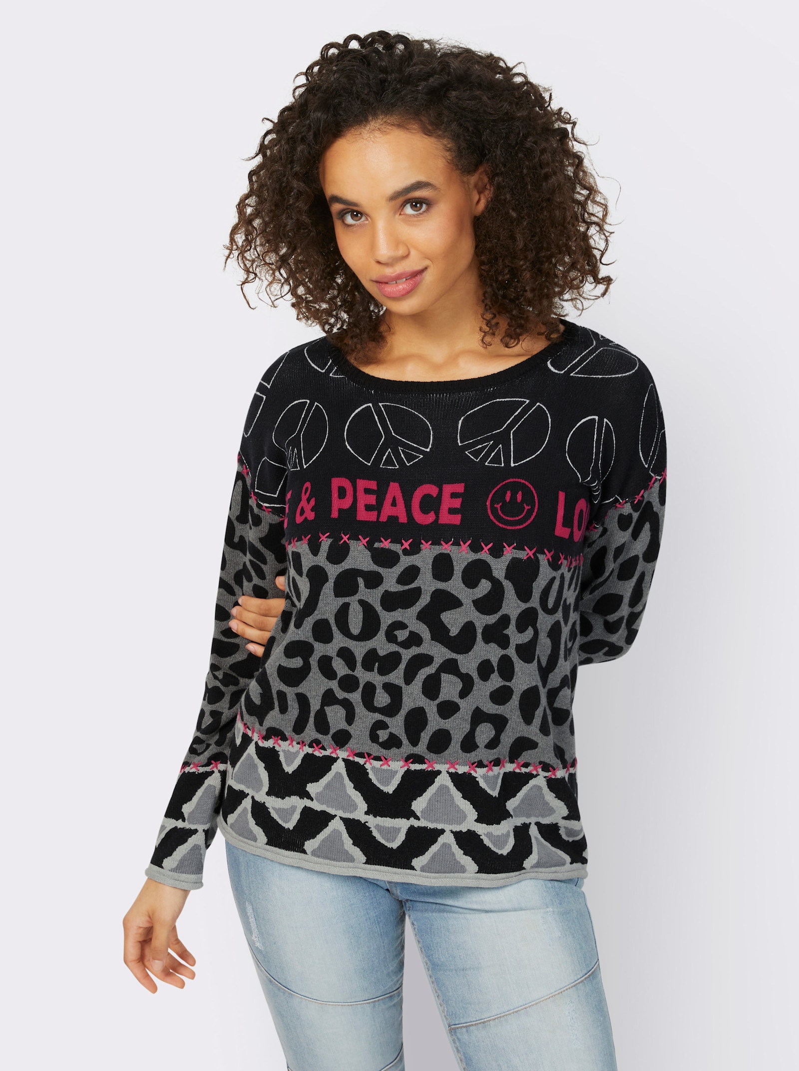 heine Pullover van fijntricot met opschrift - zwart/grijs gedessineerd