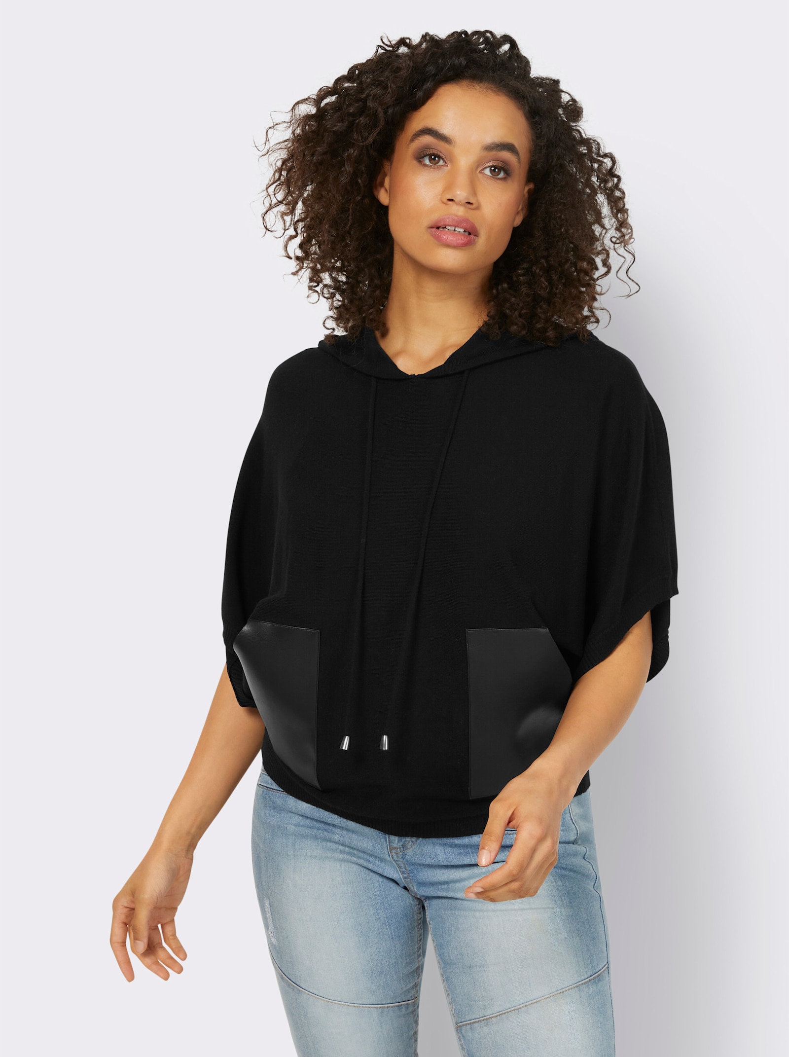 heine Kapuzenpullover mit Leder-Imitat-Details - schwarz