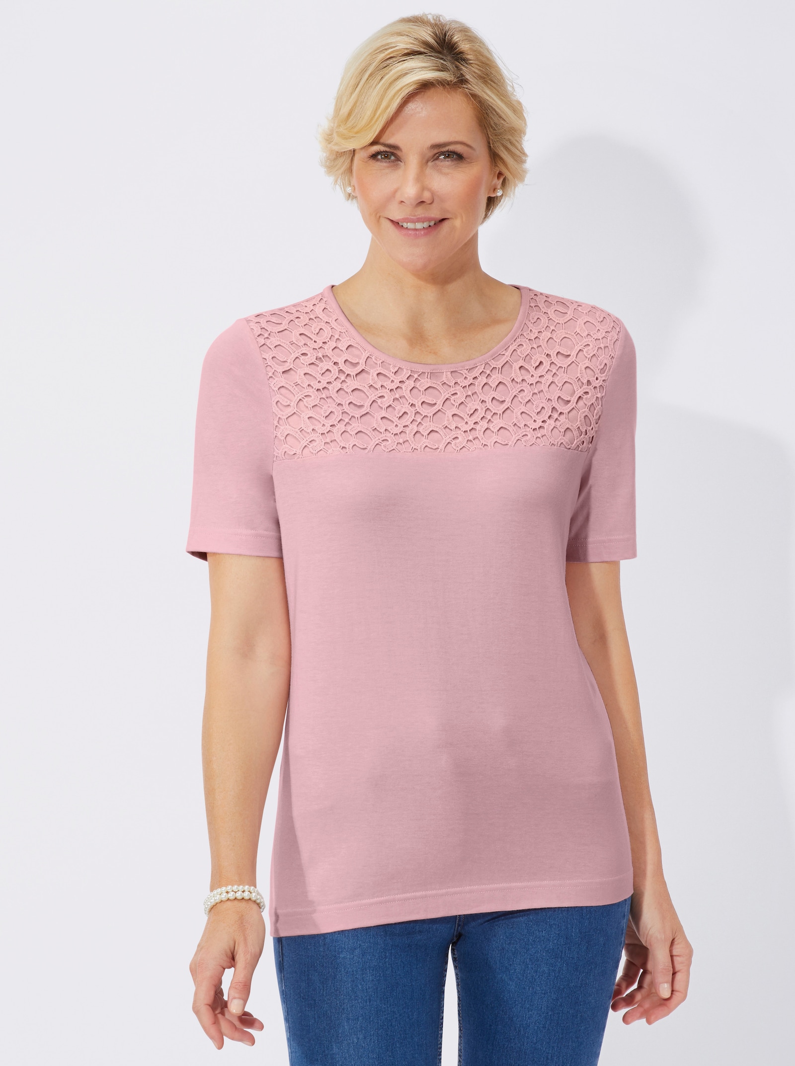 Spitzenshirt mit unterlegter Spitze - rosé