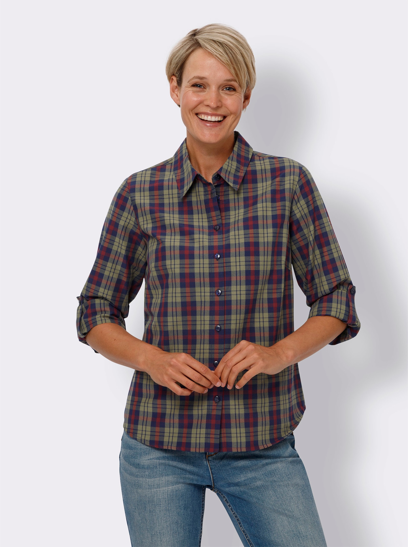 Halenka s dlouhým rukávem s tkaným kostkovaným vzorem - khaki-námořnická modrá-kostka