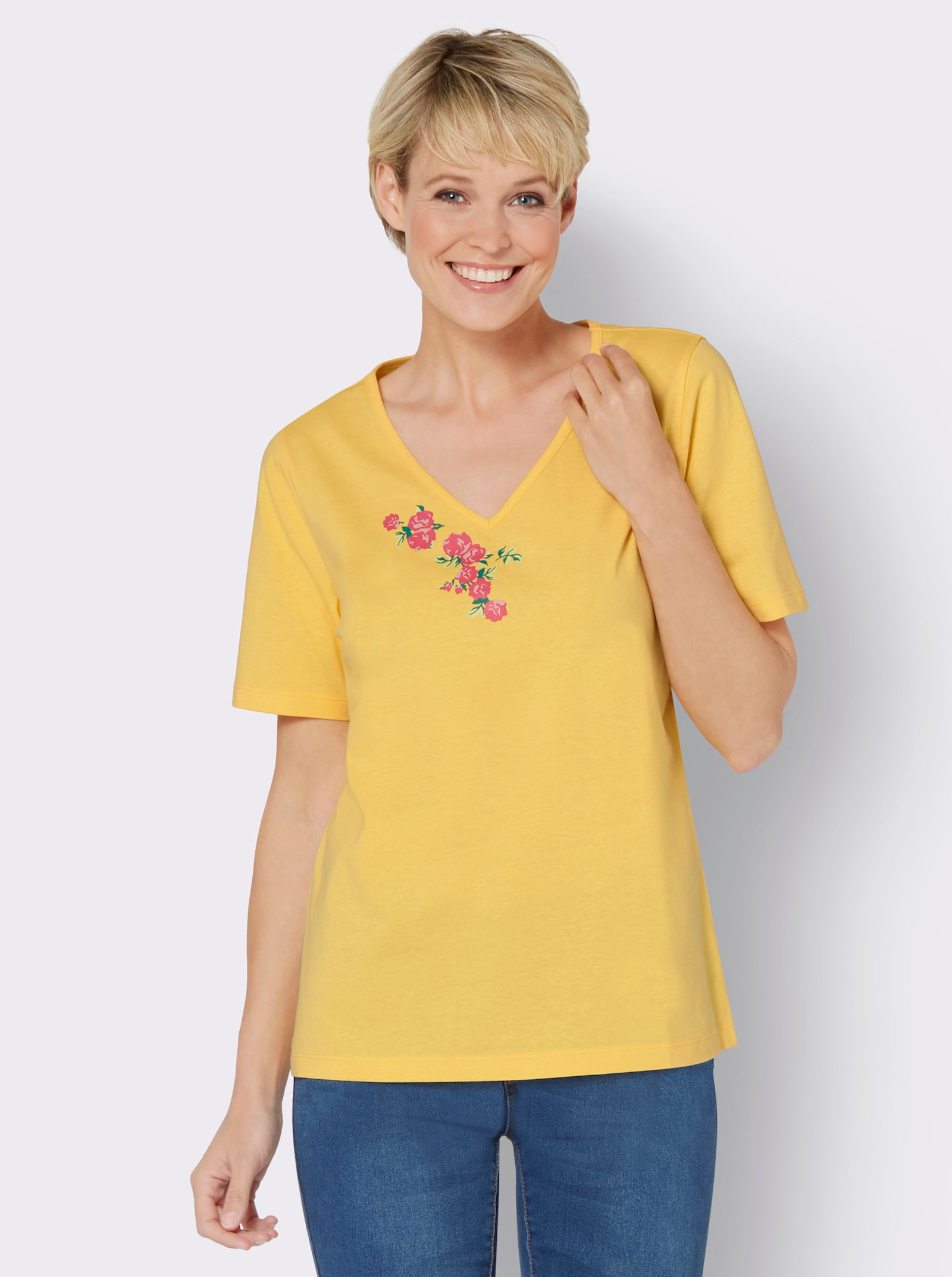 V-Shirt mit platziertem Print - gelb-pink