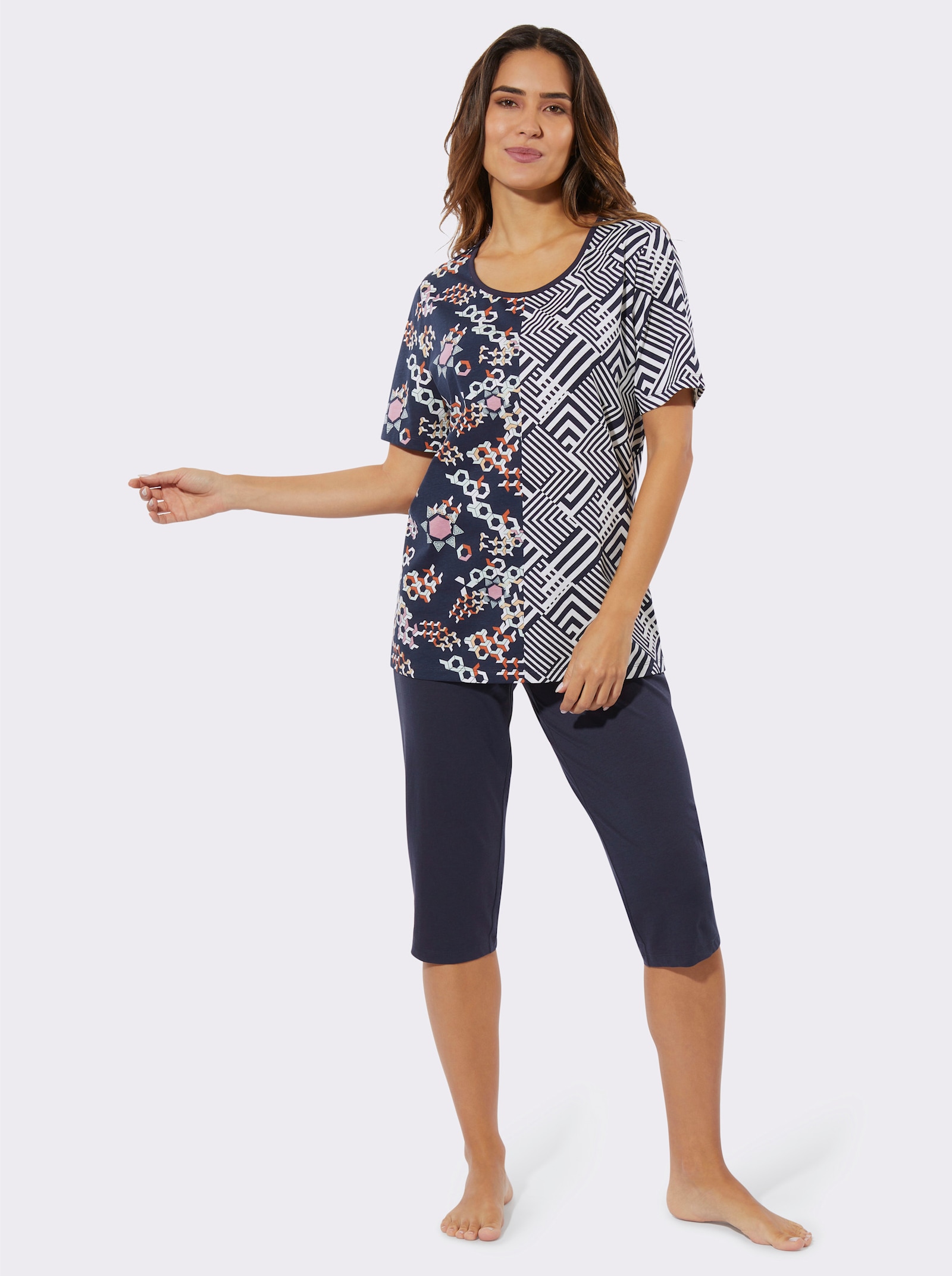 Capri-pyjama met elastische band rondom - marine geprint