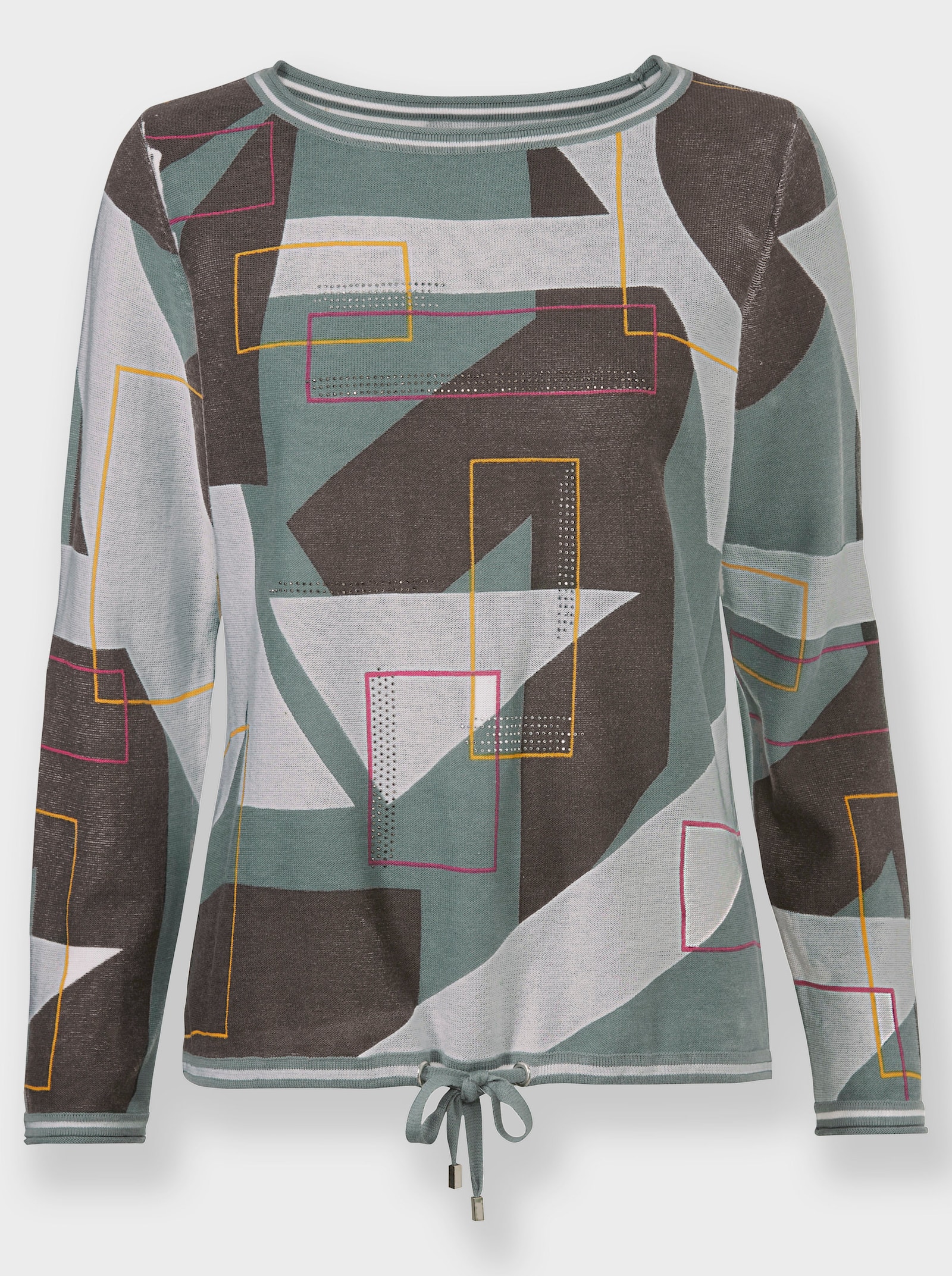 Pullover mit Bindeband am Saum - ecru-graphit-gemustert