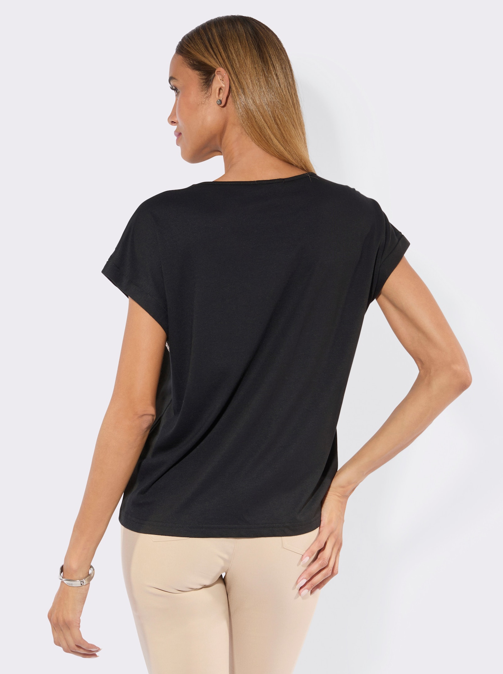Kurzarmshirt mit Glitzersteinchen - schwarz