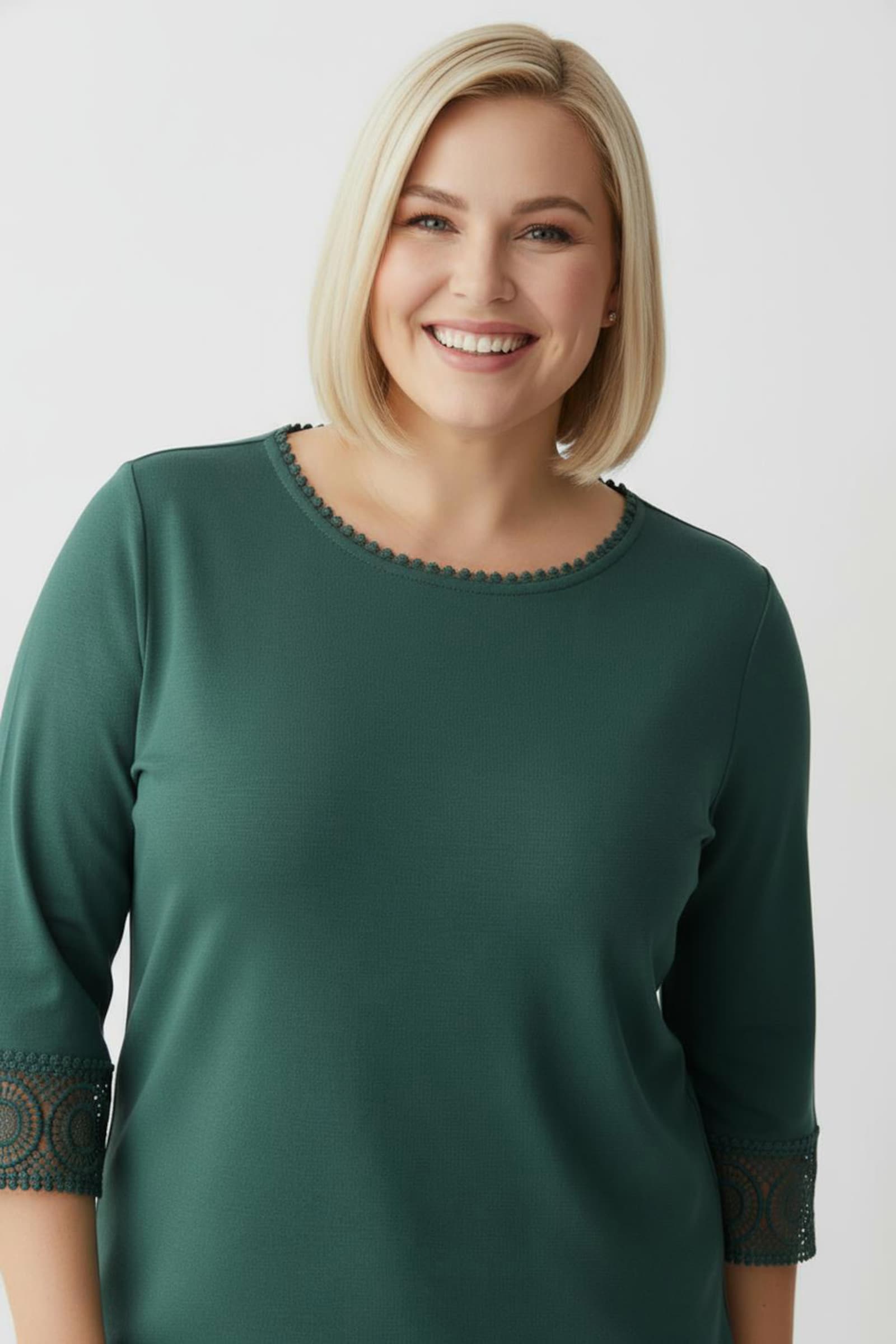 CREATION L PREMIUM 3/4-Arm-Shirt mit Spitzenbordüre an Ausschnitt und Ärmeln - dunkelgrün