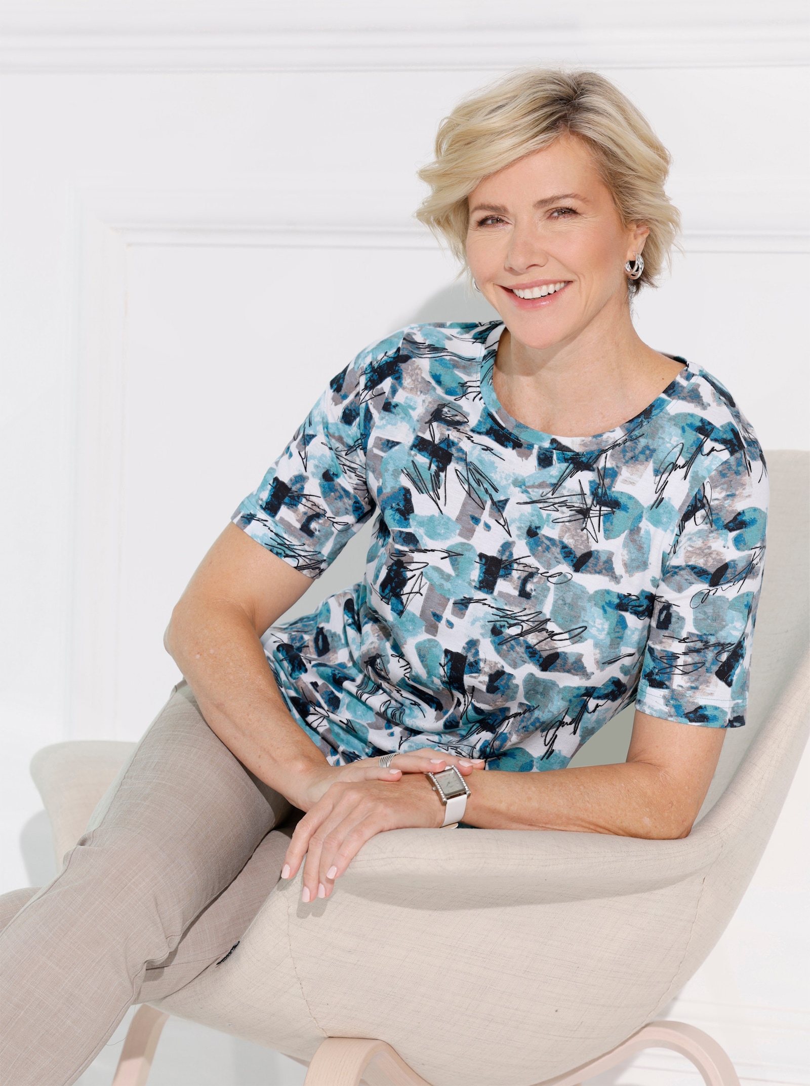 Kurzarmshirt mit Grafik-Druck - kalkmint-sesam-bedruckt