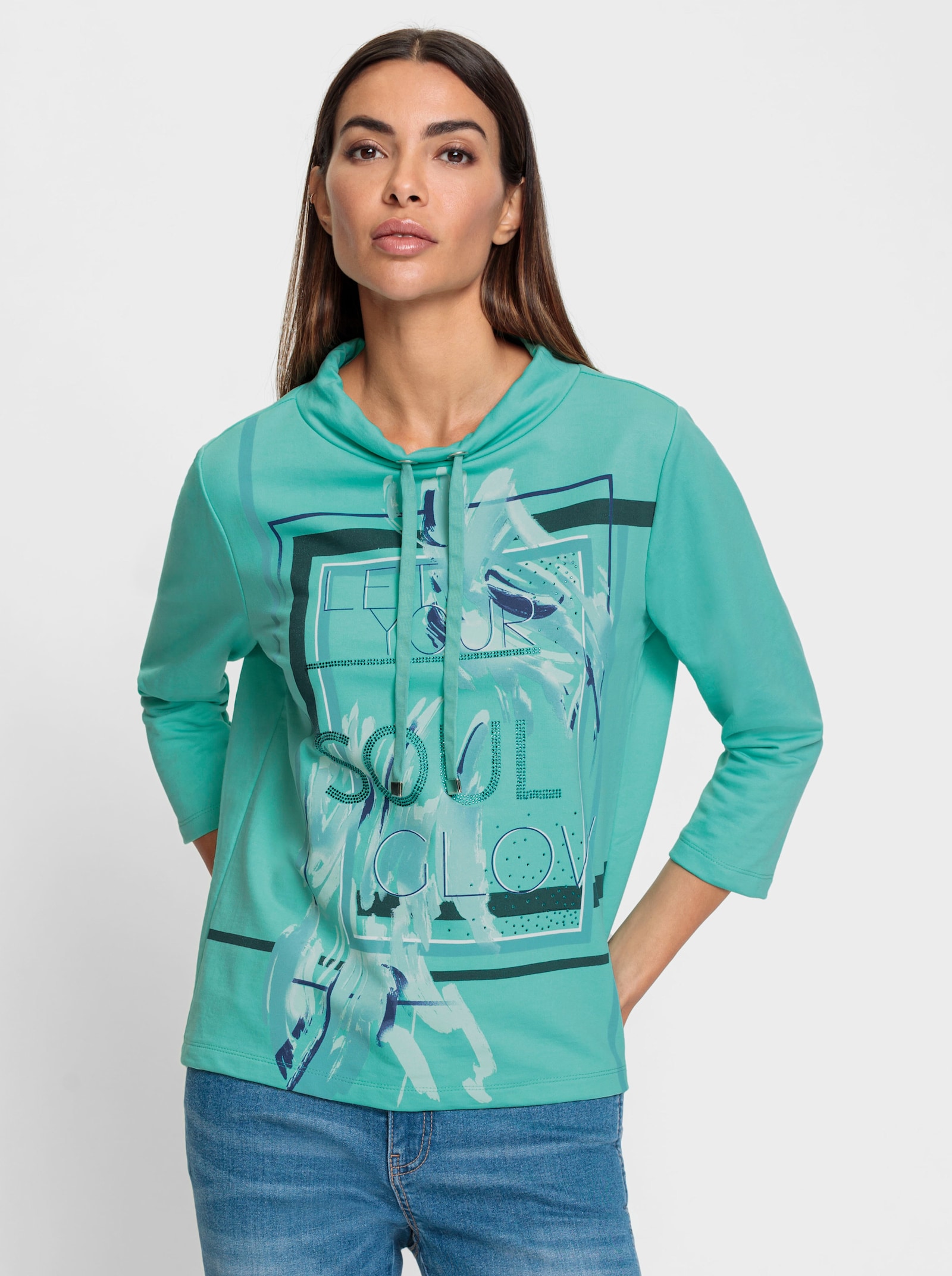 heine Sweatshirt mit Ziersteinchen - blaugrün-weiß-bedruckt