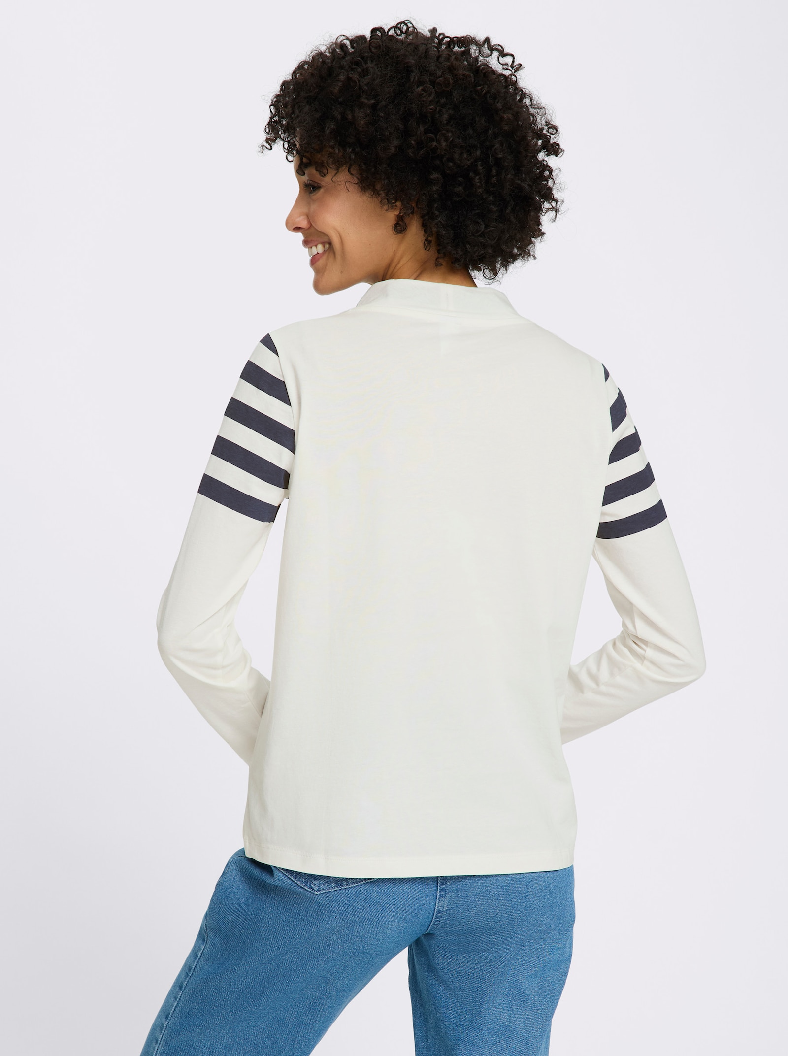 Stehkragenshirt mit Streifenmuster - ecru-marine-bedruckt