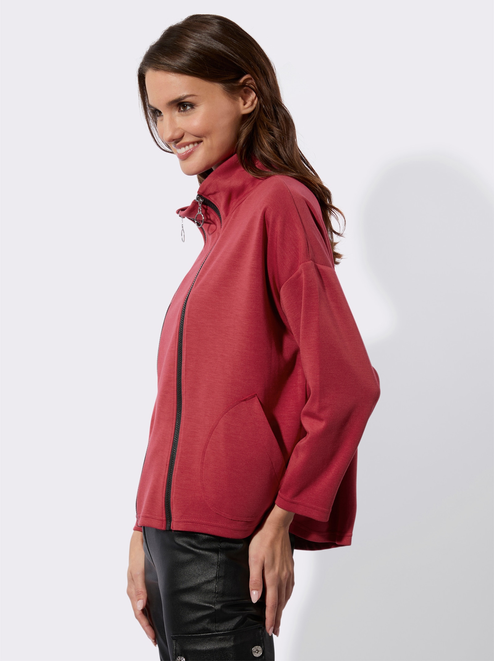 Sweatjacke mit 2 Kontrast-Reißverschlüssen - kirsche