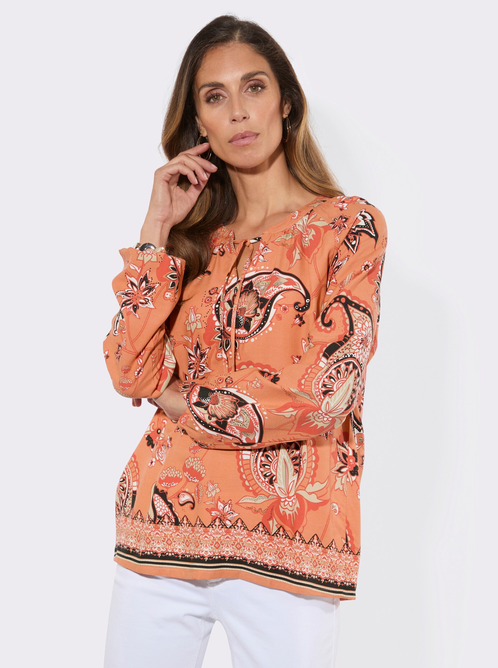 Druckbluse mit Bordürendruck - papaya-schwarz-bedruckt