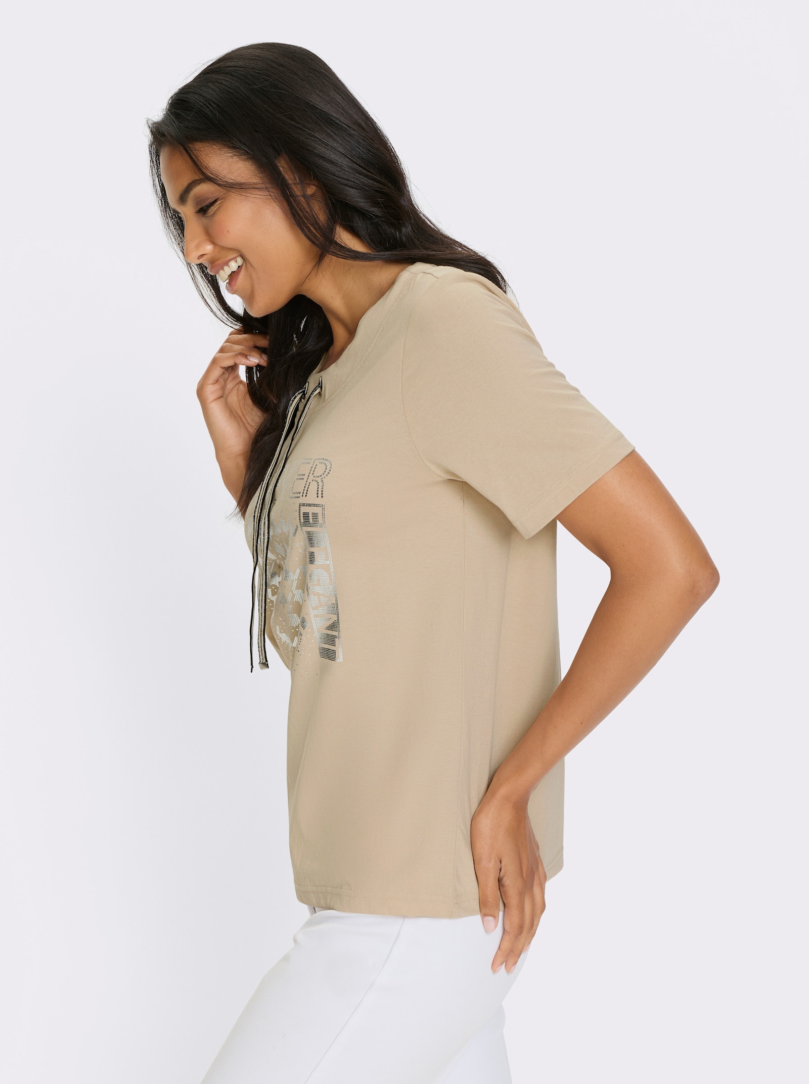 Kurzarmshirt mit Glanz-Druck - beige